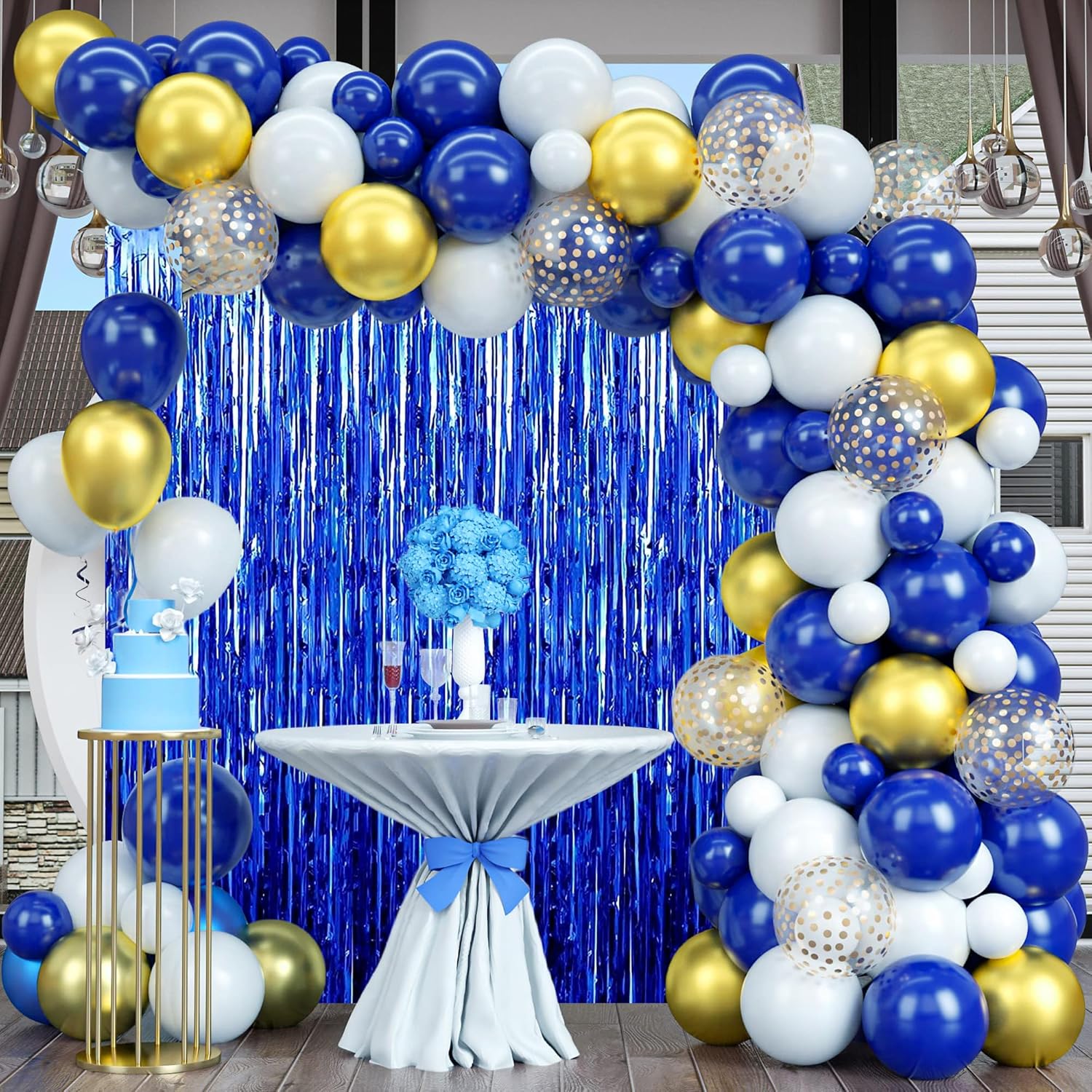 MEHOFOND Paquete de 3 cortinas de flecos de papel de aluminio azul rey de 3.3 x 6.6 pies, decoración de fiesta, telón de fondo metálico con flecos