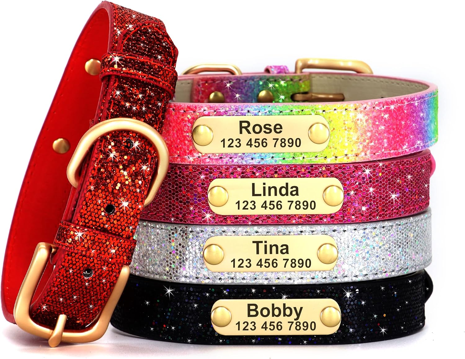 Didog Collares de perro con purpurina, collar de perro de piel sintética personalizada con lentejuelas brillantes, collares personalizados con placa