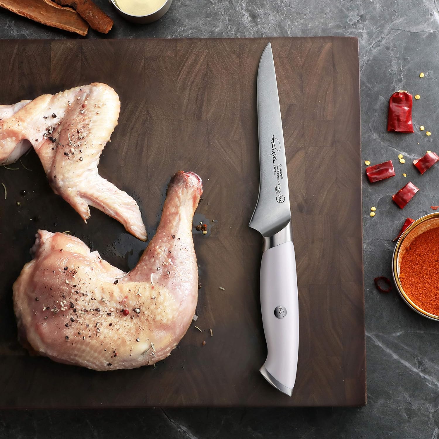 Cangshan Thomas Keller Signature Collection – Cuchillo de deshuesar de acero forjado en polvo sueco, 6 pulgadas, color blanco