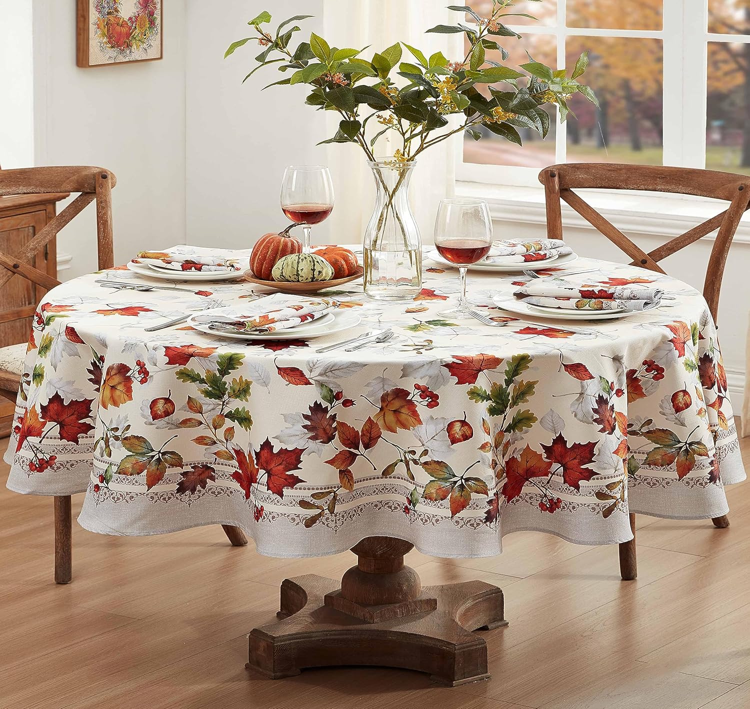 Newbridge Autumn Essentials – Mantel de tela con borde de follaje de otoño, hojas cambiantes, de fácil cuidado, a prueba de manchas, resistente a