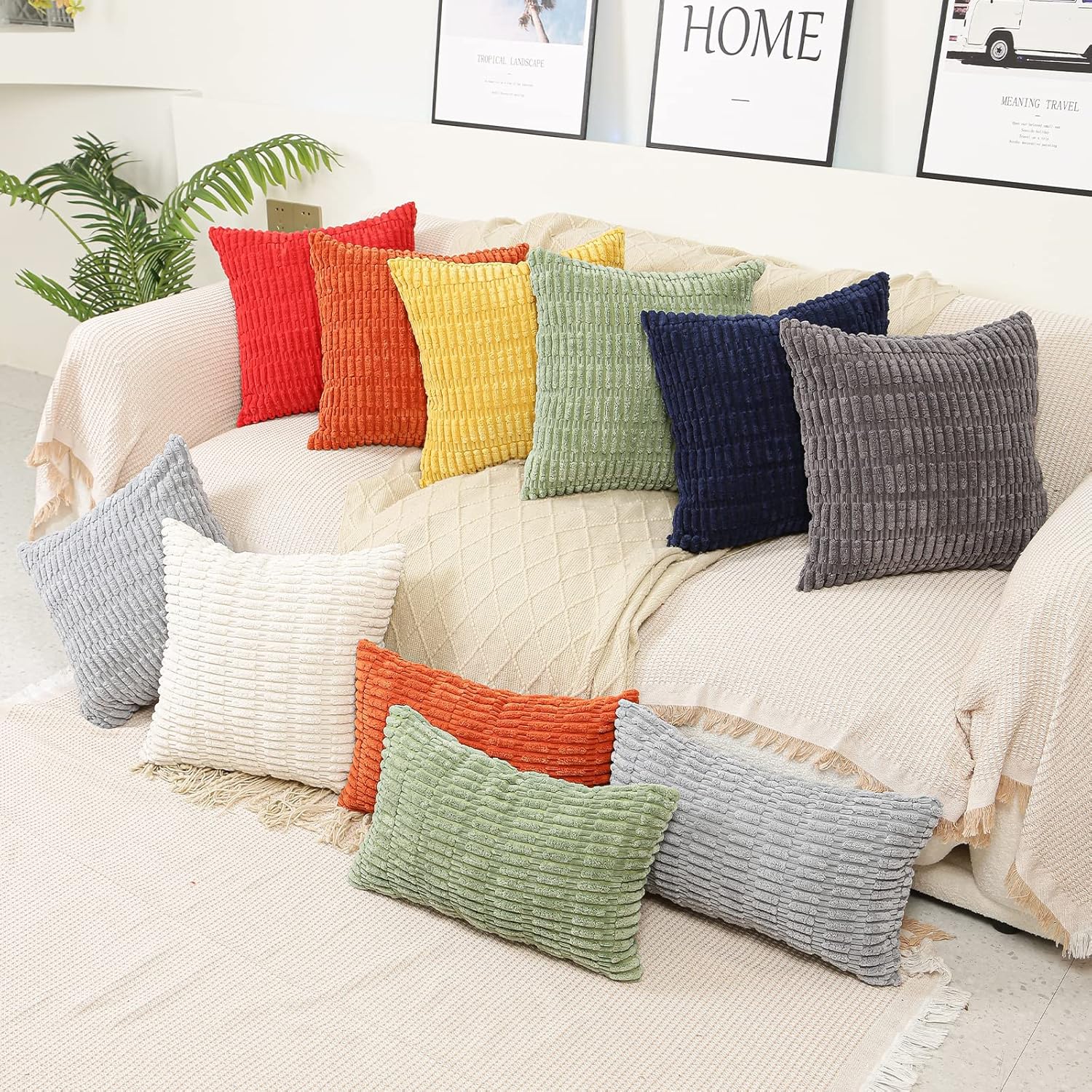 Fundas de almohada de 18 x 18 pulgadas, fundas de cojín cuadradas de pana suave a rayas bohemias para decoración del hogar, fundas de almohada