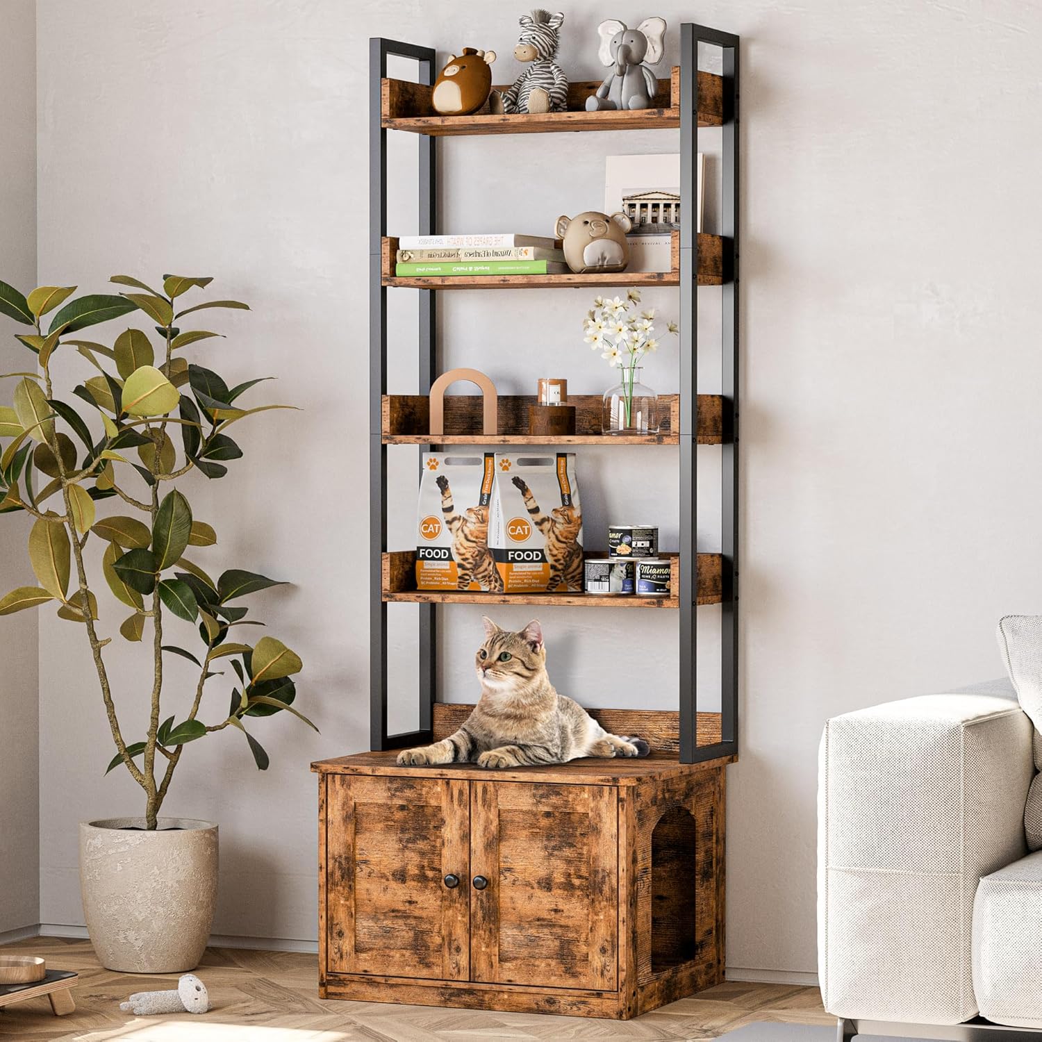 IRONCK Caja de arena con 4 estantes y puertas, muebles de casa para gatos de interior para la mayoría de cajas de arena, marrón vintage