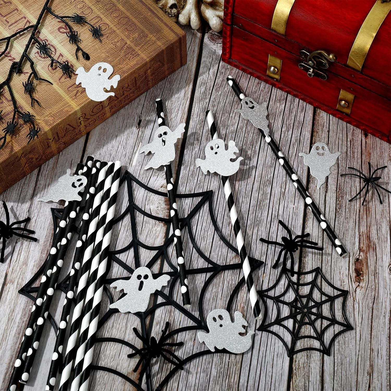 Whaline 60 popotes de papel de fantasma de Halloween, con brillantina, fantasma, desechables, con patrón de puntos negros y blancos, pajitas de