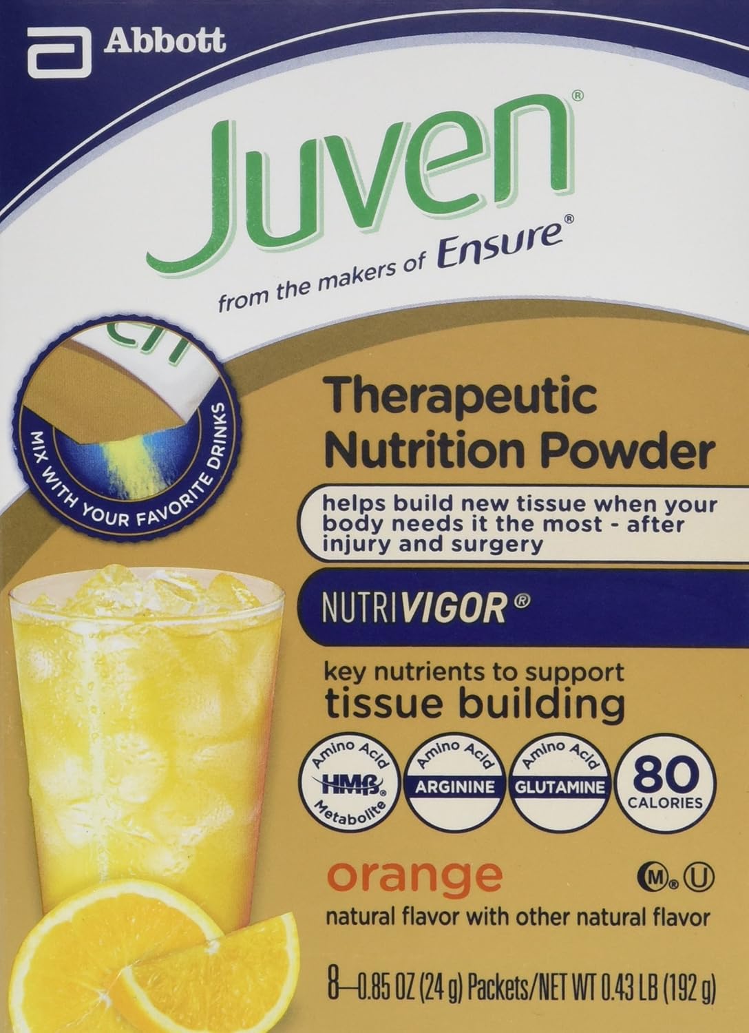 Juven – Polvo terapéutico de nutrición, naranja, 8 paquetes, 0.85 onzas cada uno