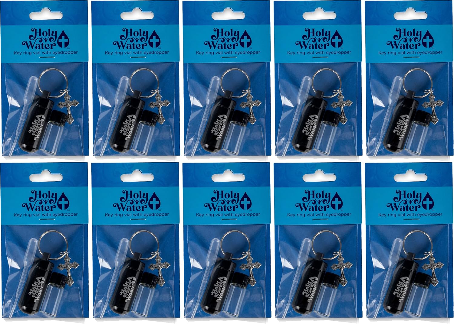 TREE OF LIFE REV. 2214 Catholic Holy Water Bottle, Black Keychain Container Kit with Plastic Eyedropper & Glass Vial