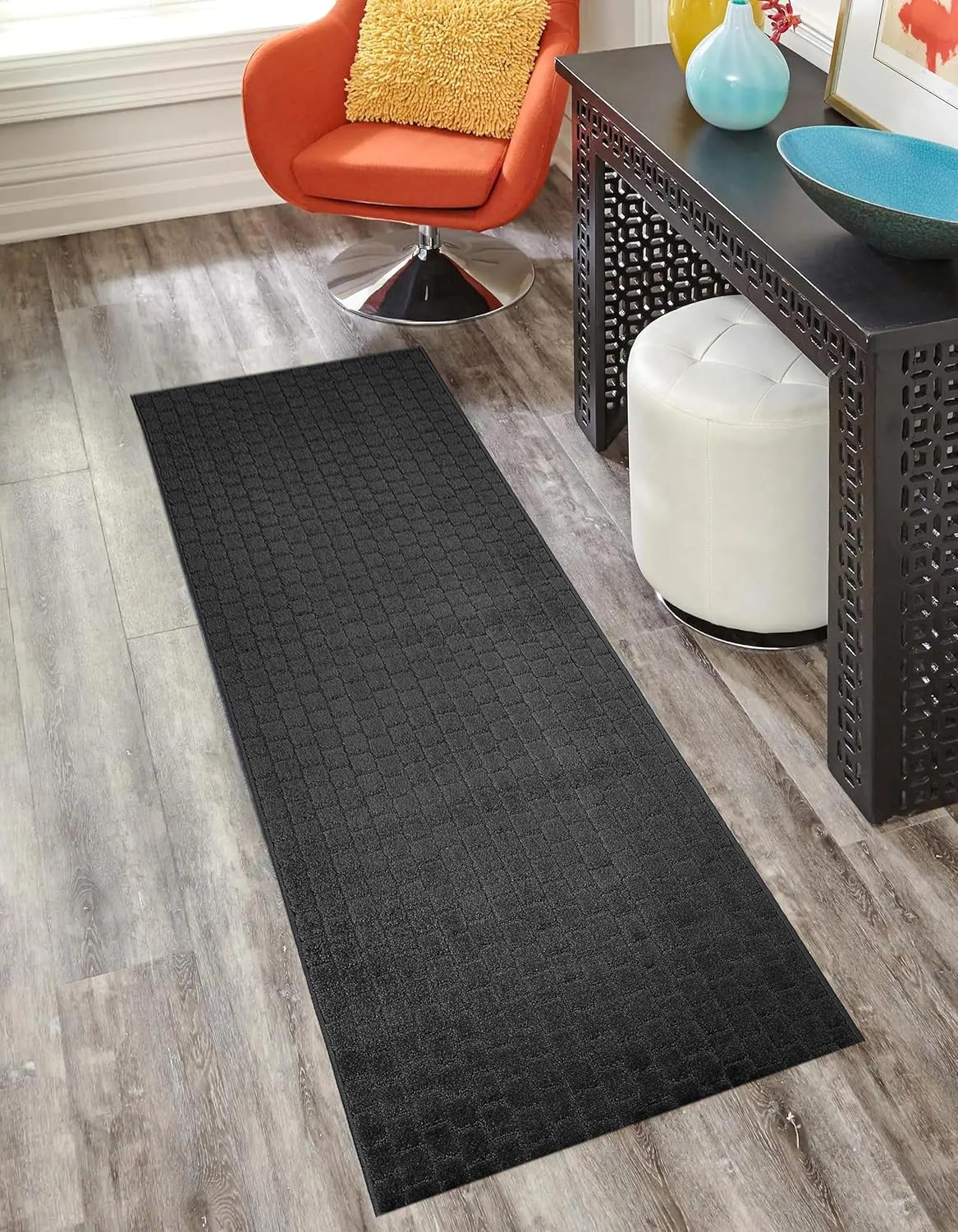 Alfombra antideslizante de 2 x 8 pulgadas, color gris oscuro, patrón de mosaico de mosaico antracita, 8 pies de largo