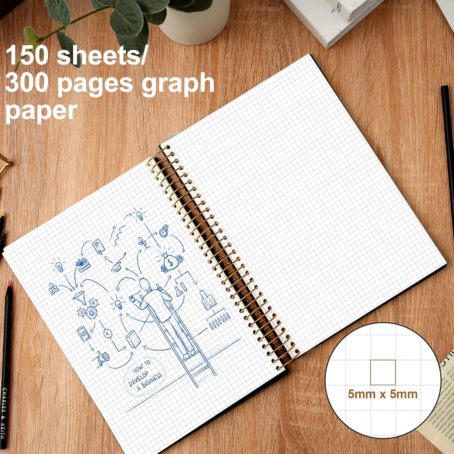 Yoment Cuaderno de papel cuadriculado en espiral de 8 x 10 pulgadas, cuaderno de espiral grande de tapa dura, 300 páginas, cuaderno gráfico,