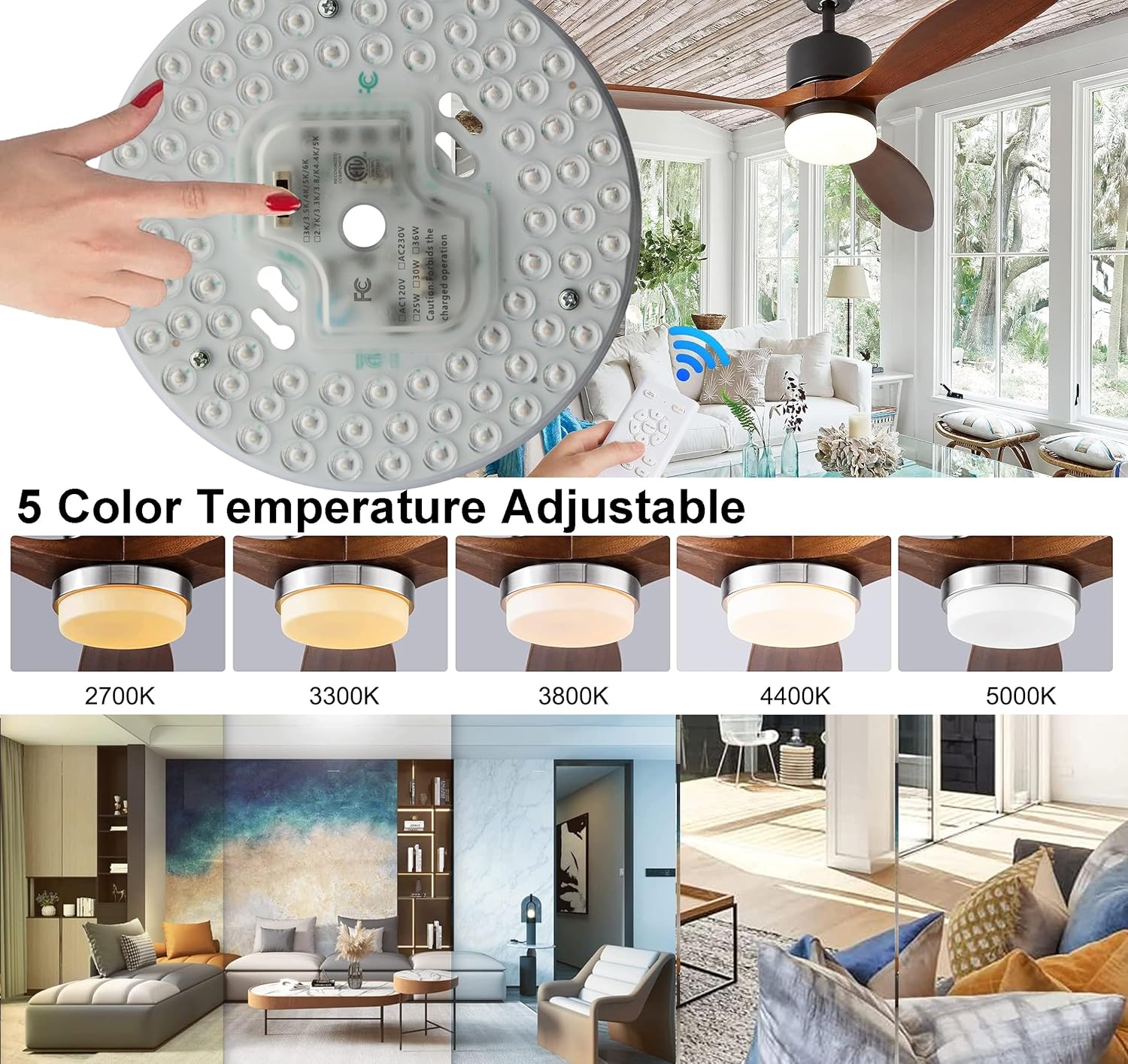 Ventilador de techo LED regulable de 36 W, 5 CCT, luz empotrada, kit de reacondicionamiento del motor, bombilla fluorescente circular de panel LED