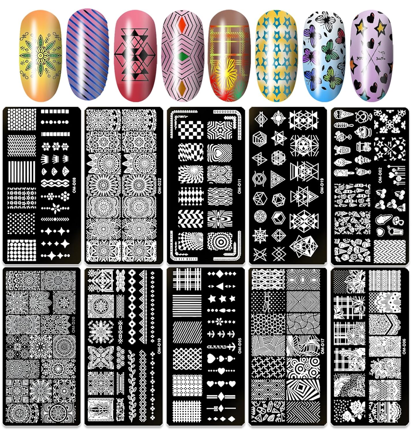 SILPECWEE 10 Uds. de placas de estampado de uñas, sello de uñas, placas de arte de uñas, diseño geométrico, plantillas de manicura, accesorios de