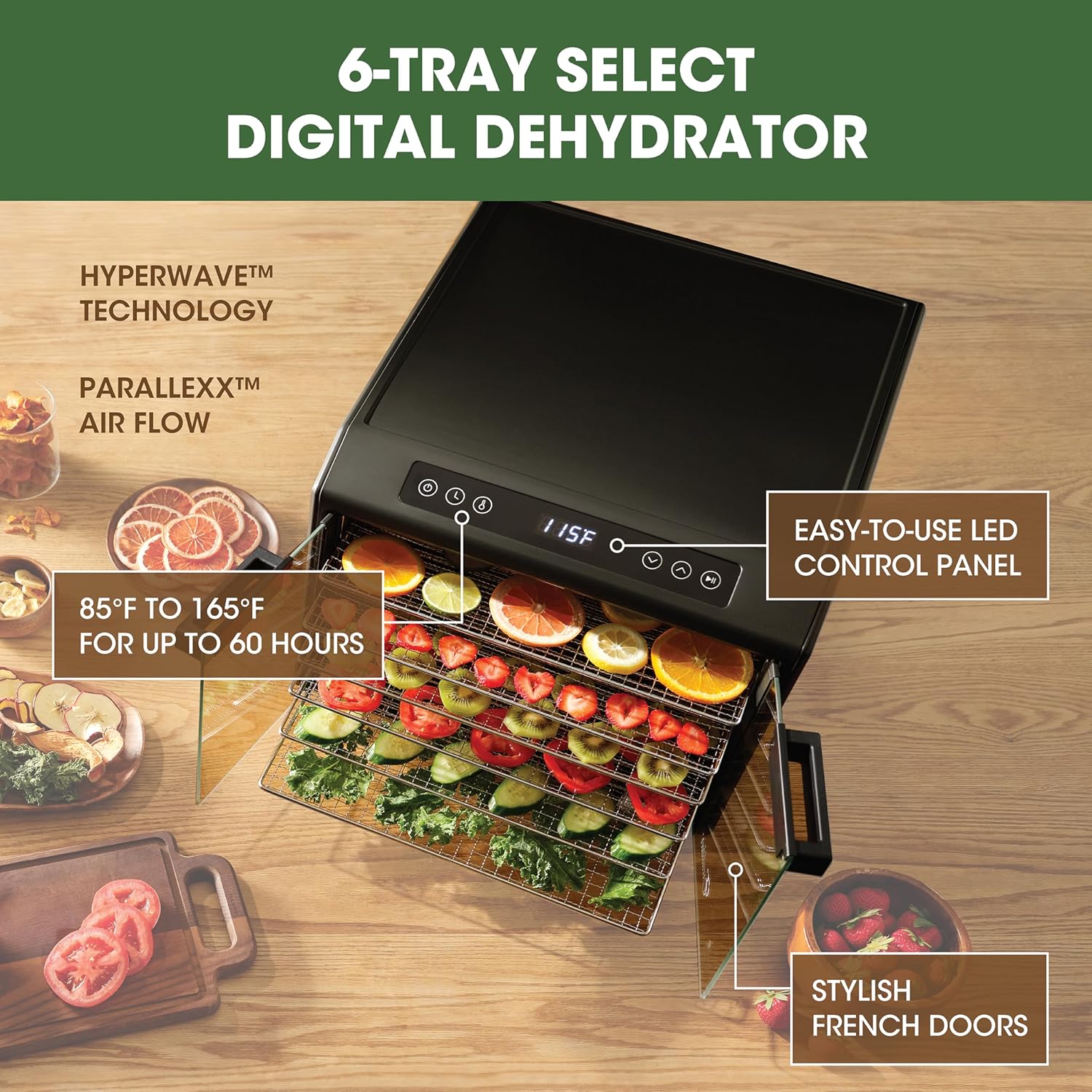 Excalibur Deshidratador eléctrico de alimentos Select Series 6 bandejas con control de temperatura ajustable, incluye bandejas de secado cromadas,