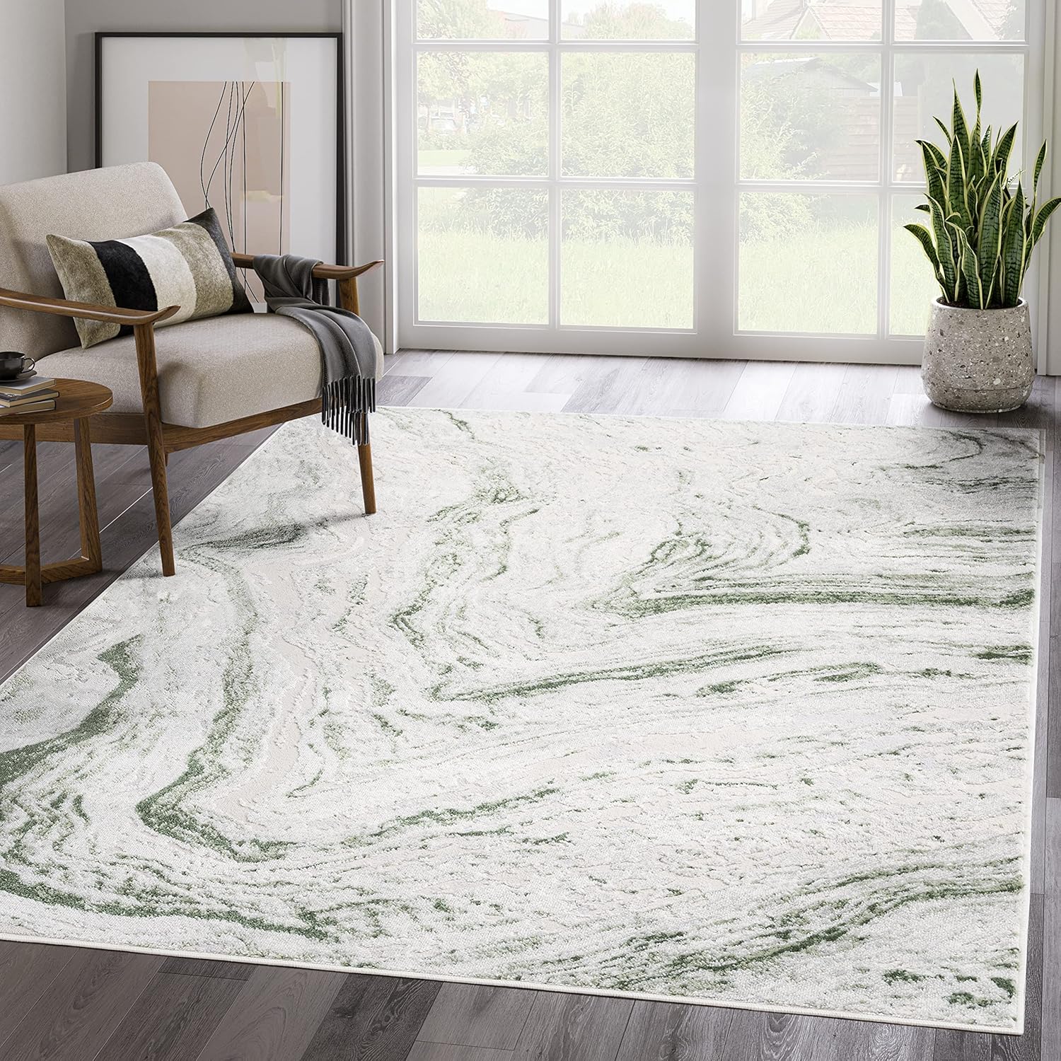 Abani Atlas – Alfombra de área verde y gris, 5 x 8 pies, mármol abstracto, duradera, no desprende pelusa, fácil de limpiar