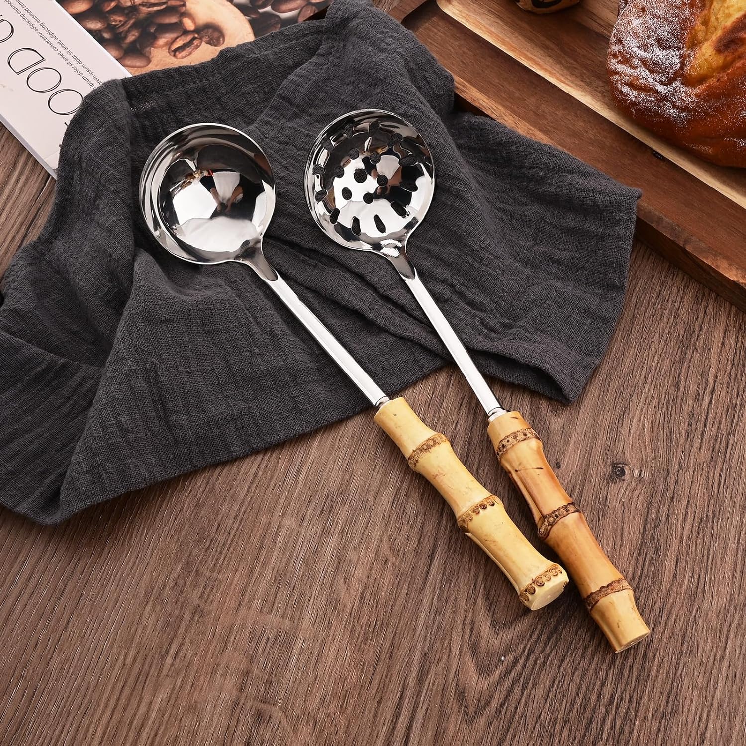 Juego de cucharón de sopa y cuchara ranurada, utensilios de servir de acero inoxidable 304 con mango de bambú natural, cucharas de sopa para servir