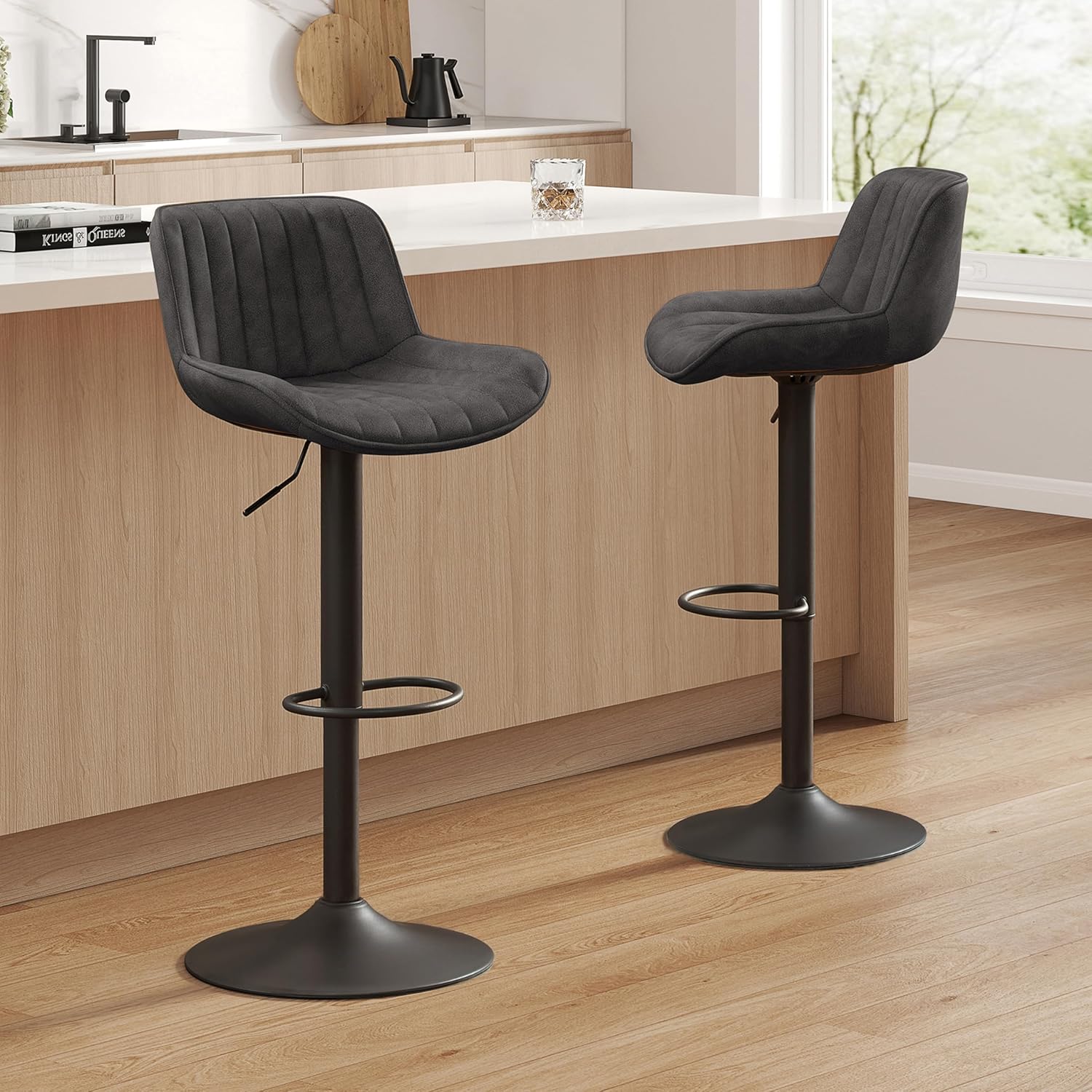 Art Leon Morden – Juego de 2 taburetes de bar de piel sintética con respaldo, silla giratoria ajustable para el hogar, cocina, isla pub, base con