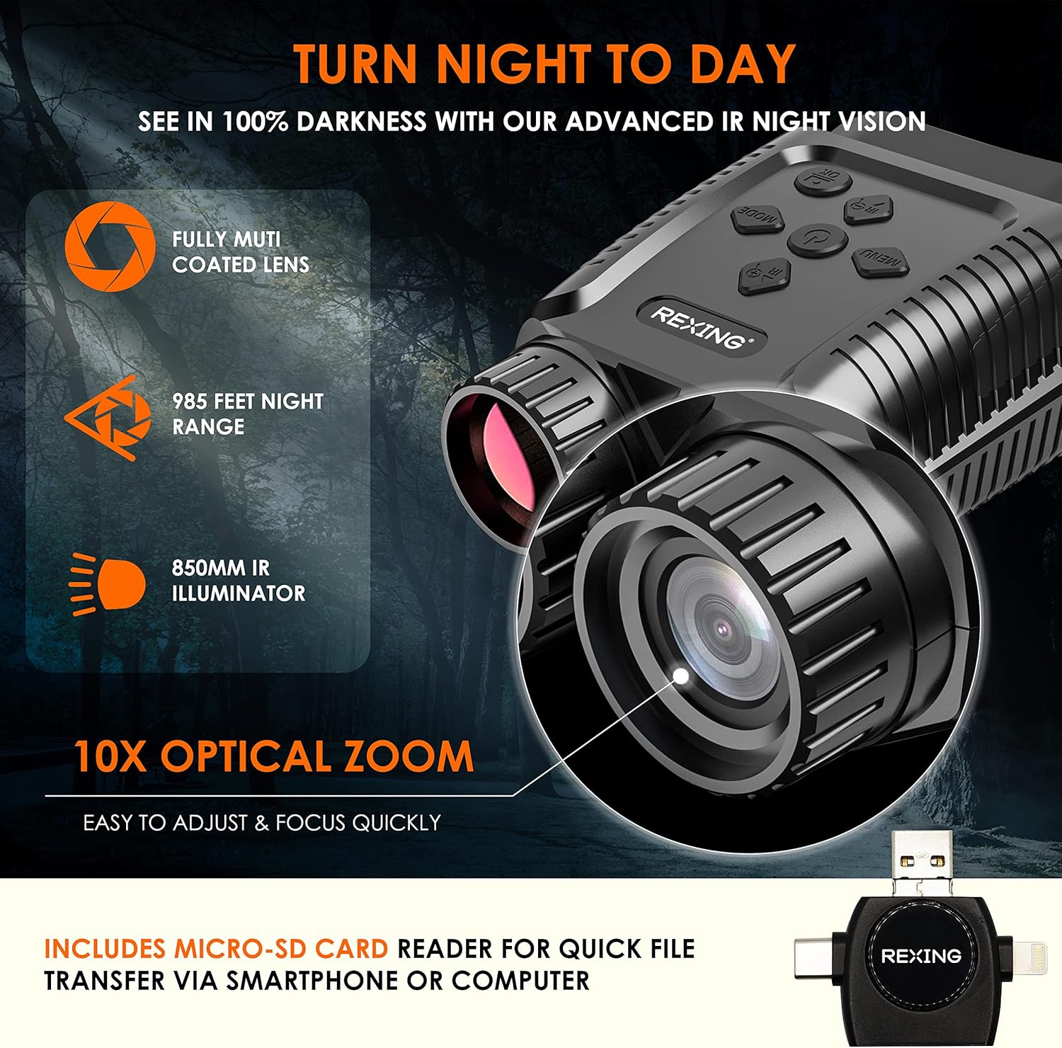 RexingUSA B1 Mini – Mini prismáticos digitales de visión nocturna 4K – Binoculares infrarrojos de viaje para guardar imagen y video con pantalla de