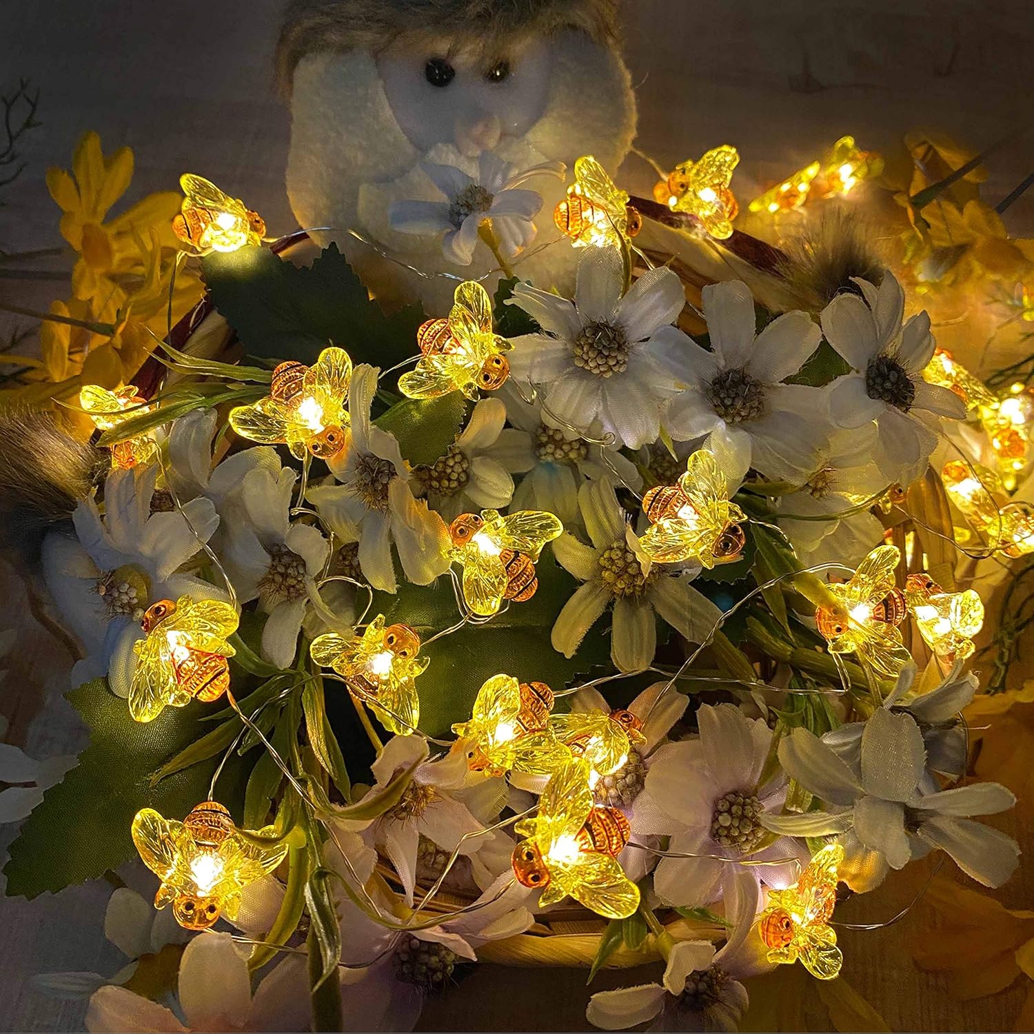 Cadena de luces de hadas de abeja, 40 luces LED con enchufe con 8 modos de control remoto, impermeable, cadena de luz decorativa novedosa para