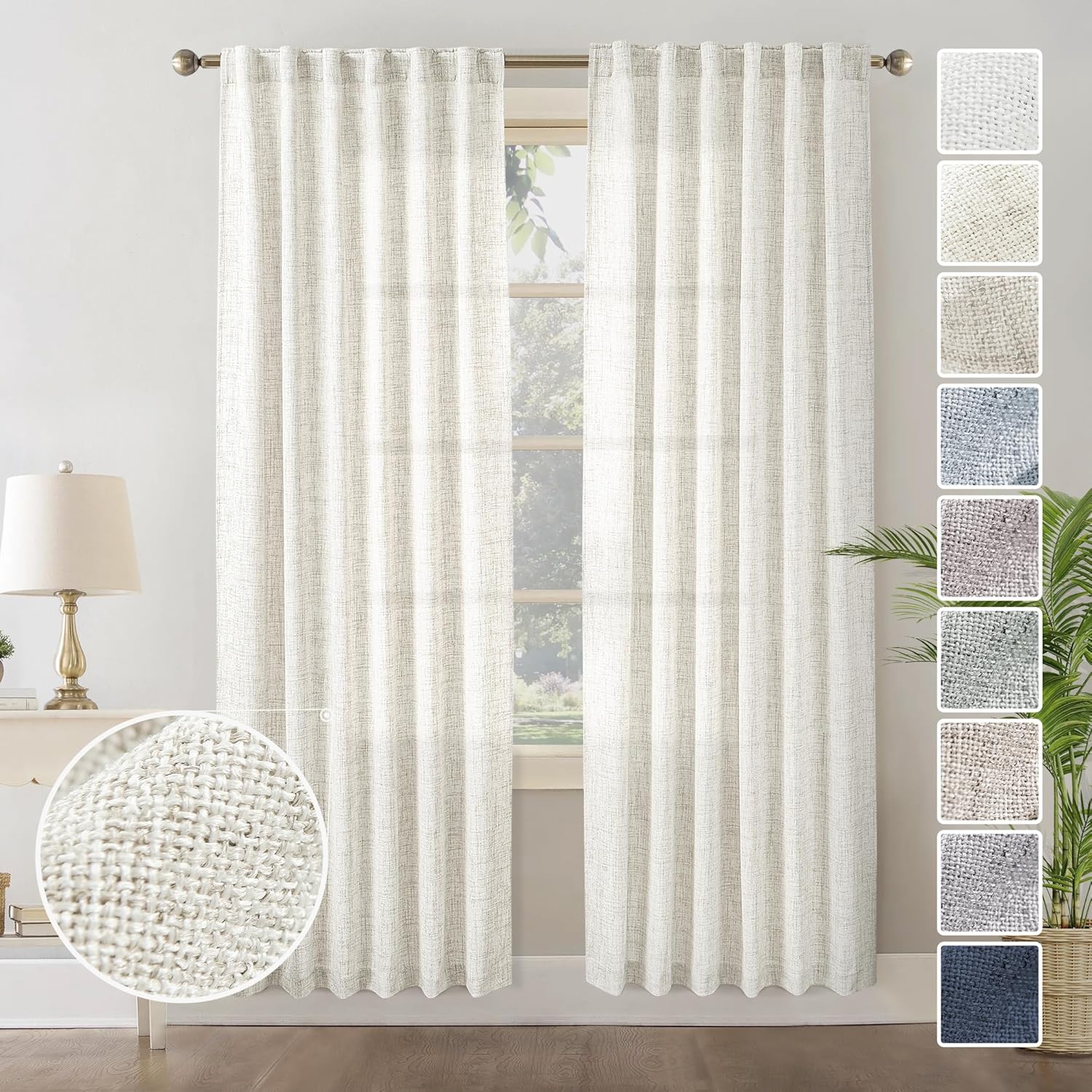 Cortinas de lino natural con pestaña trasera de 72 pulgadas de largo para sala de estar, dormitorio, juego de 2 paneles de filtrado de luz,