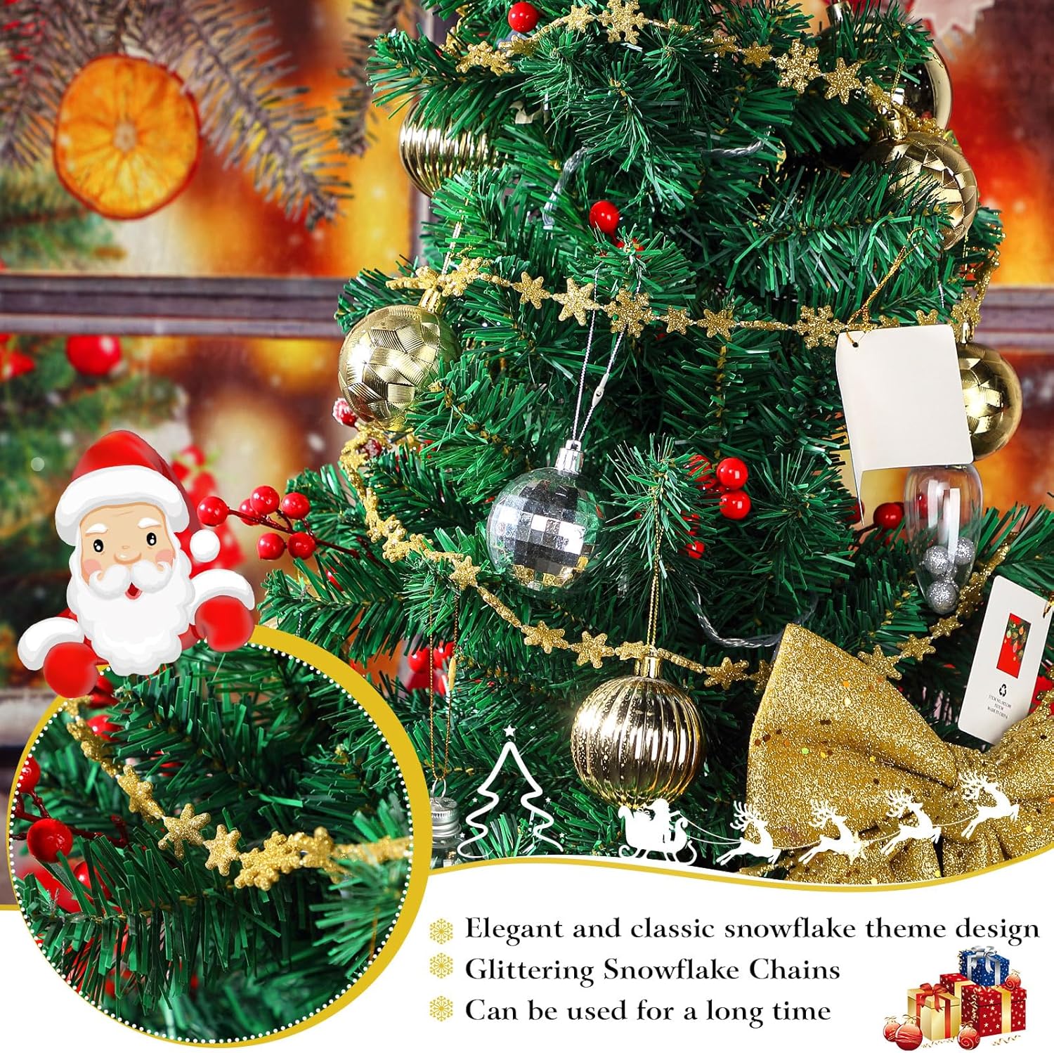 Boao Decoración de copo de nieve colgante de Navidad de 32.8 pies, guirnalda de copos de nieve de invierno con purpurina, adornos para árbol de