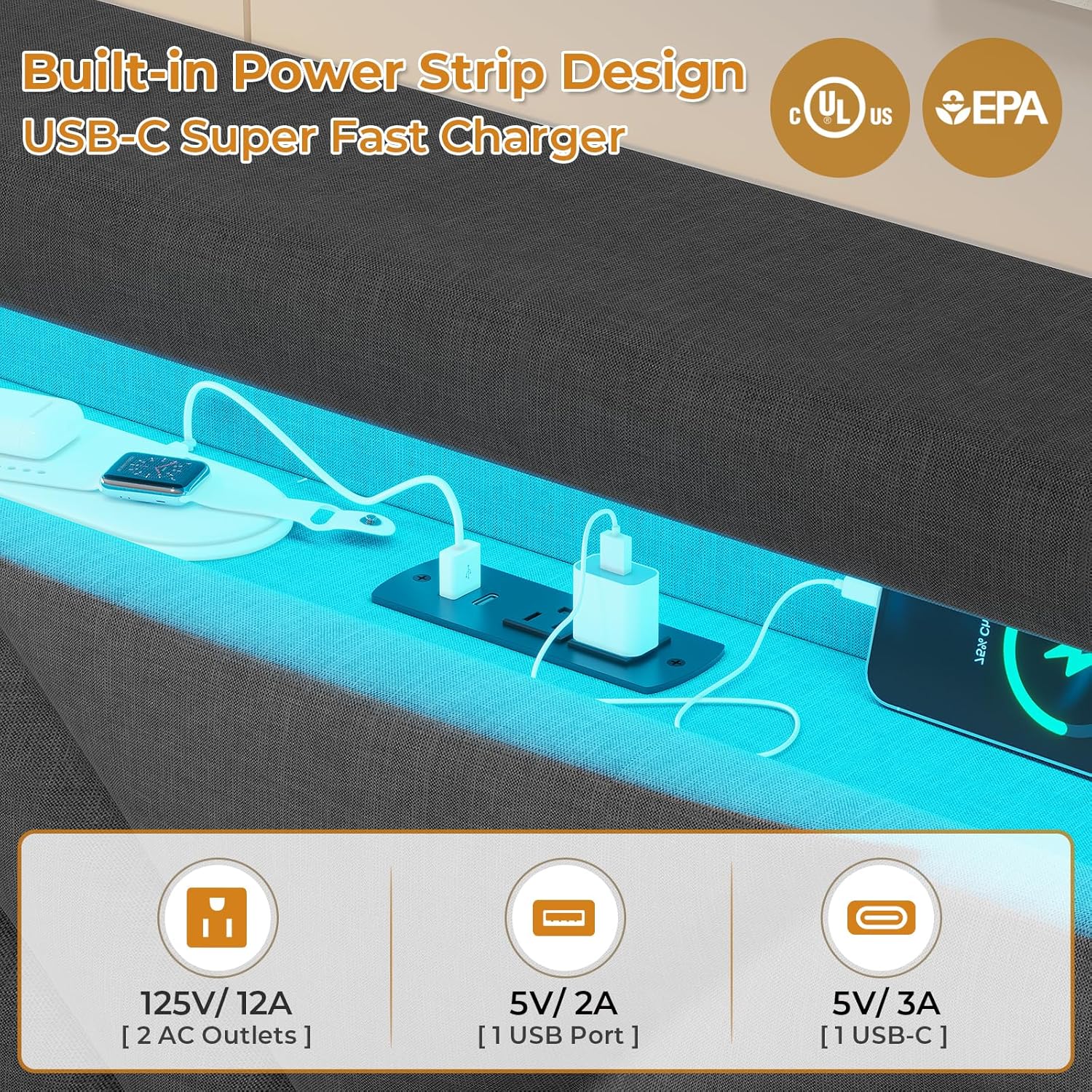 Base de cama flotante Queen con cabecera de almacenamiento y luces LED, base de cama tapizada tamaño Queen con estación de carga tipo C y USB,