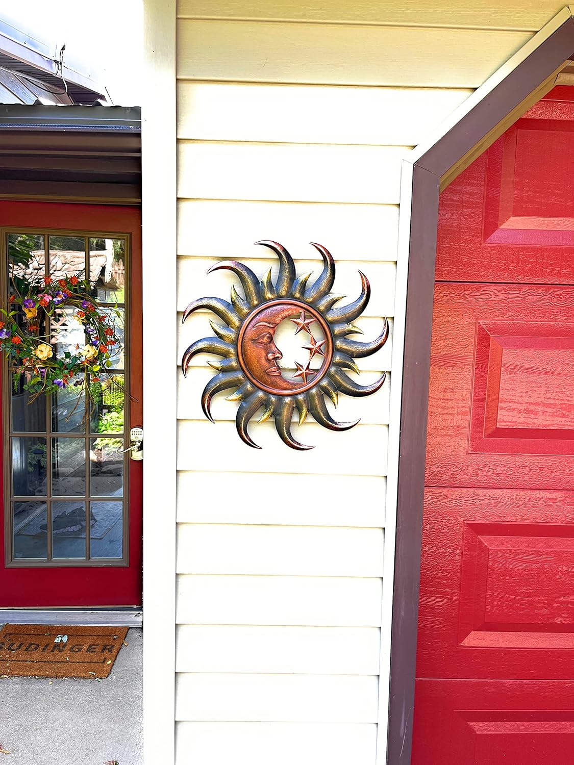 Decoración de sol de metal vintage de 19 pulgadas, diseño celestial redondo, luna creciente y estrellas rodeadas de sol, arte para interiores y