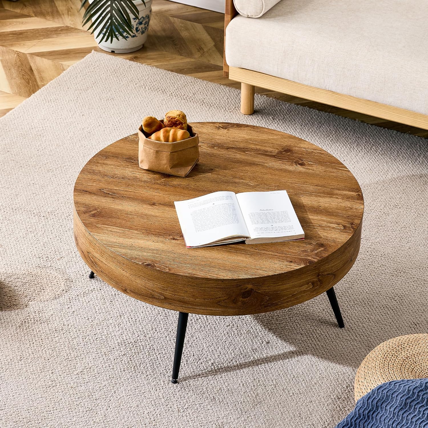 Mesas de centro rústicas para sala de estar, moderna, pequeña mesa de centro redonda de madera con 4 patas de metal, mesa de té para sala de estar,