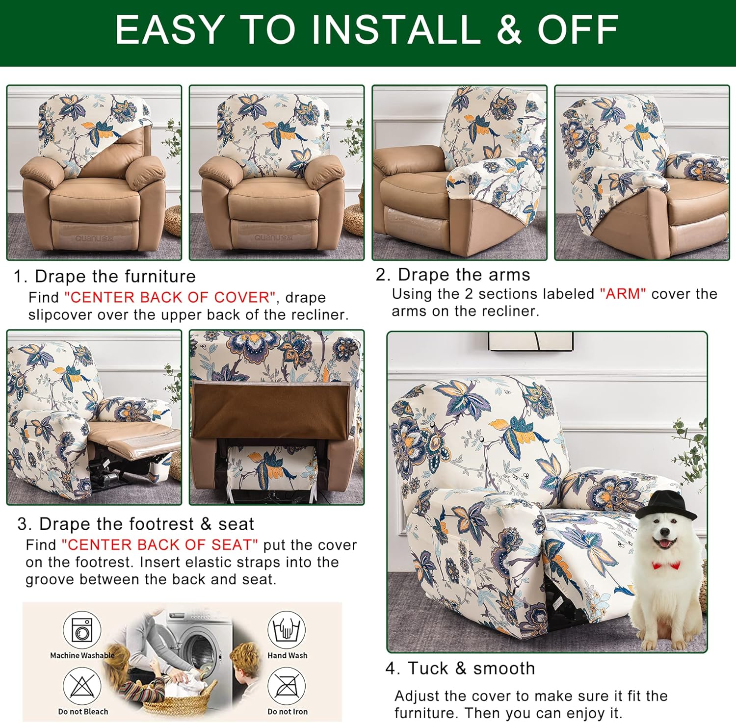 CRFATOP Funda elástica para sillón reclinable con bolsillos, estampado floral, funda reclinable individual de 4 piezas, funda para sofá reclinable