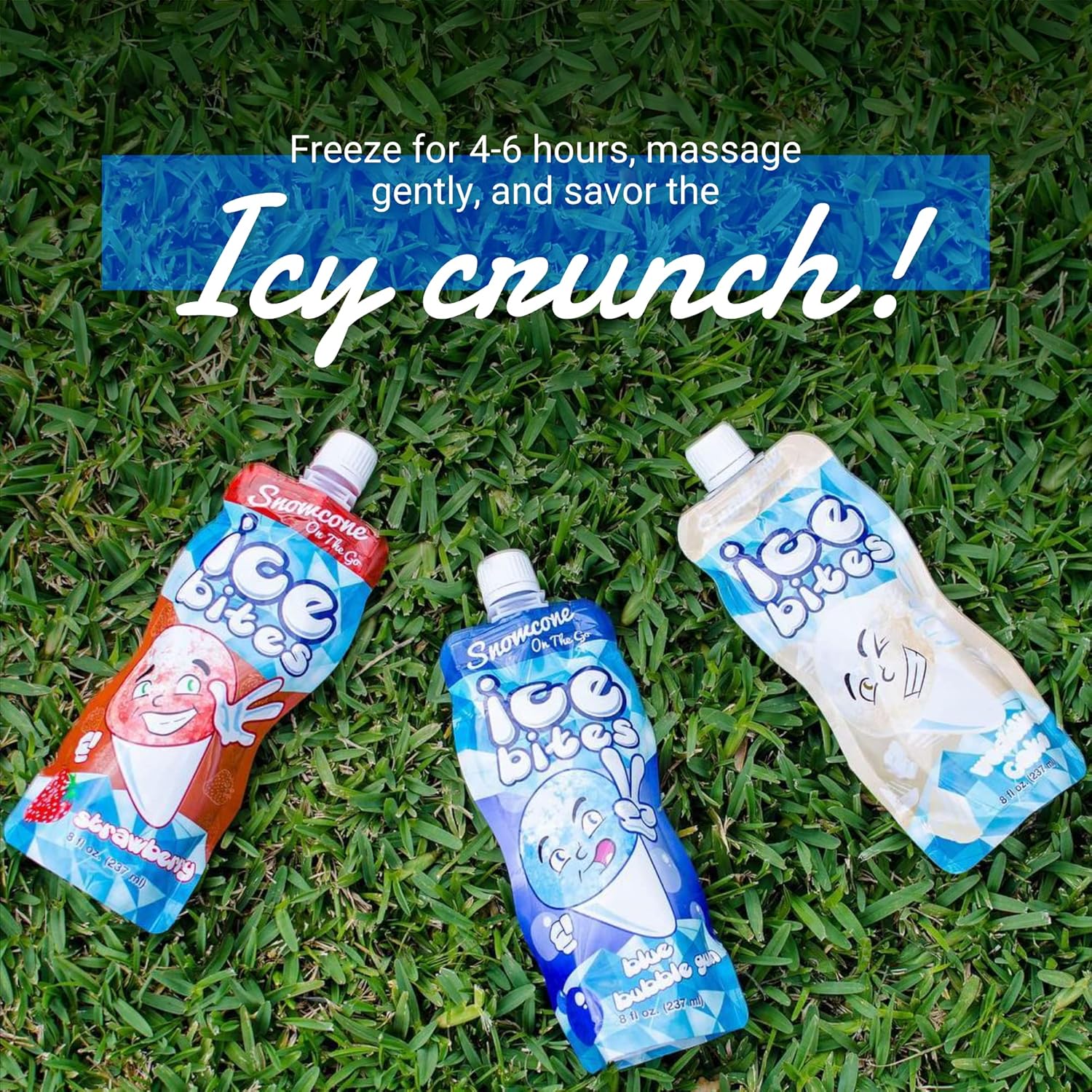 Snowcone On The Go Ice Bites – Bolsas de hielo congeladas saborizadas, paquete variado, fresa, chicle azul y pastel de boda, 8 onzas cada uno