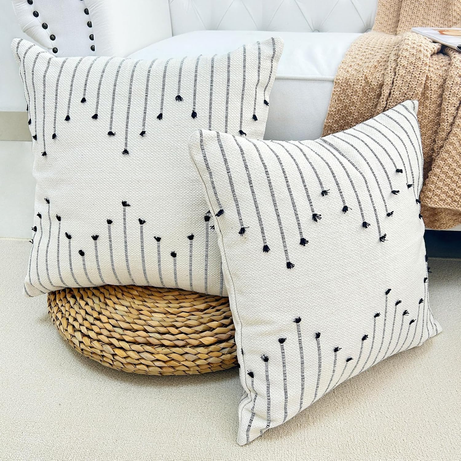 LMYUHONG Juego de 2 fundas de almohada bohemias de 18 x 18 pulgadas, modernas, rústicas, de lino y algodón, decorativas, color blanco, funda de