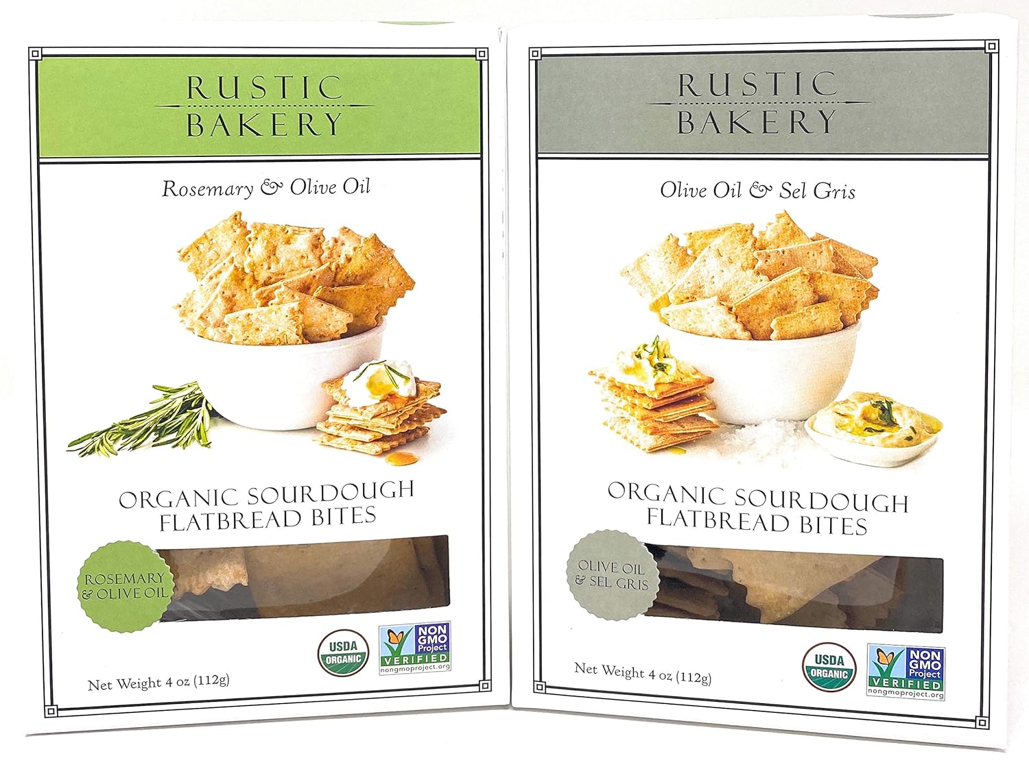 Rustic Bakery Crackers Organic Romero Sourdough Gourmet Flatbread Bite Tamaño Dos Veces Horneado Variedad Bundle  Aceite de oliva y Sel Gris, romero
