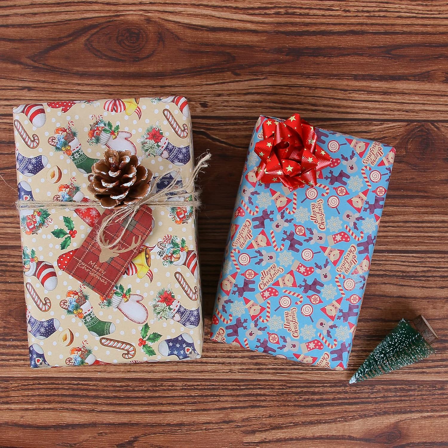 Aimyoo Paquete de papel de regalo de Navidad de estraza azul, juego de papel de regalo de Navidad para niños, diseño de bastones de caramelo,