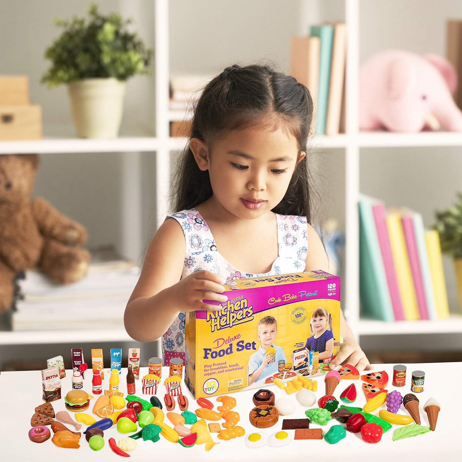 IQ Toys – Juego de lujo de 120 piezas de comestibles, juego piezas de plástico duro de juguete para cocinar, hornear, surtido de comestibles para
