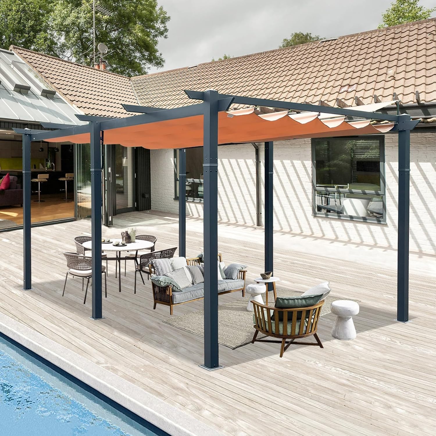 Domi – Pérgola retráctil para exteriores de 11 x 16 pies con toldo para sombra, pérgolas de aluminio y cenadores, toldo de pérgola de metal para