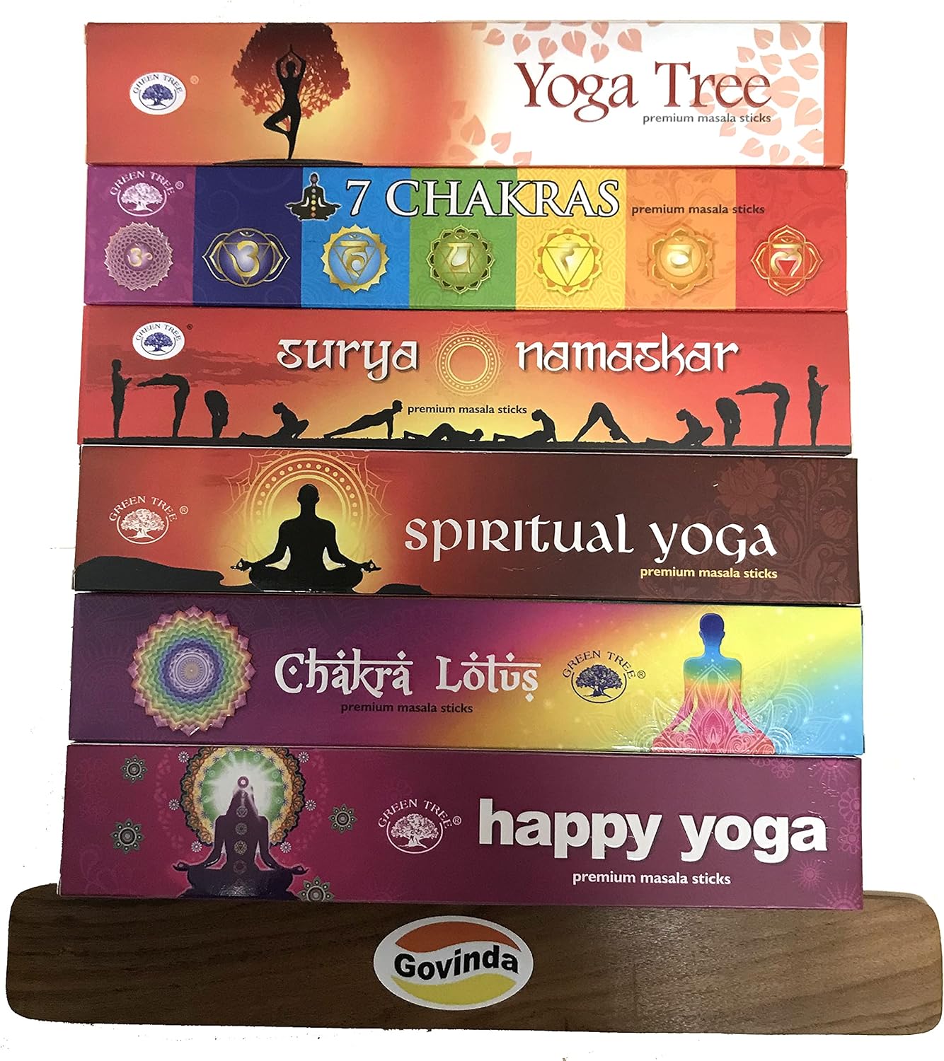 Govinda Paquete de soporte para varillas de incienso con 6 paquetes de varillas de incienso Masala de 0.53 oz, colección Yoga