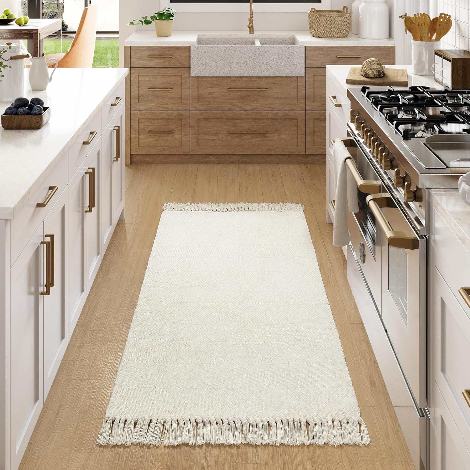 Collive – Tapete lavable de 3 x 5 pies, tapetes de cocina tejidos modernos, de algodón trenzado, color blancobeige, para puerta de interior,