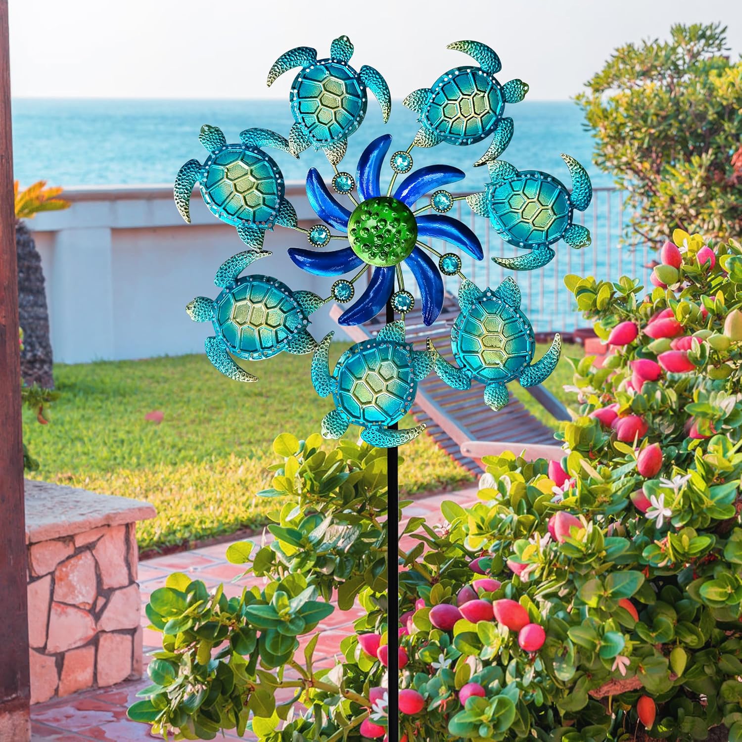 Molinillos de viento de tortuga marina de 39 pulgadas, estaca de jardín, decoración al aire libre, estaca de metal, escultura de viento, decoración