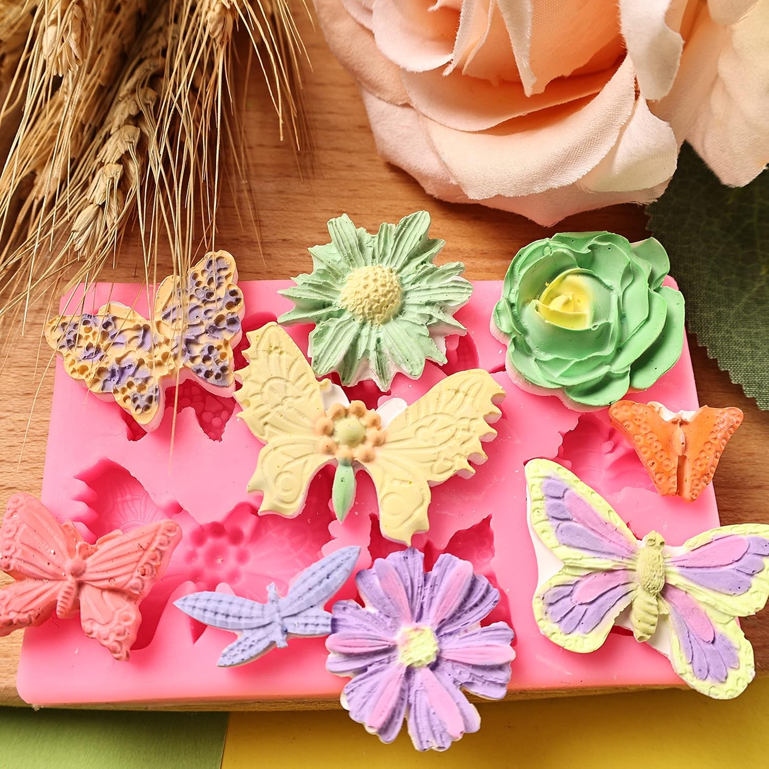 Moldes para fondant de flores, 8 moldes de silicona para dulces de flores y mariposas para fondant de chocolate, arcilla polimérica, jabón,
