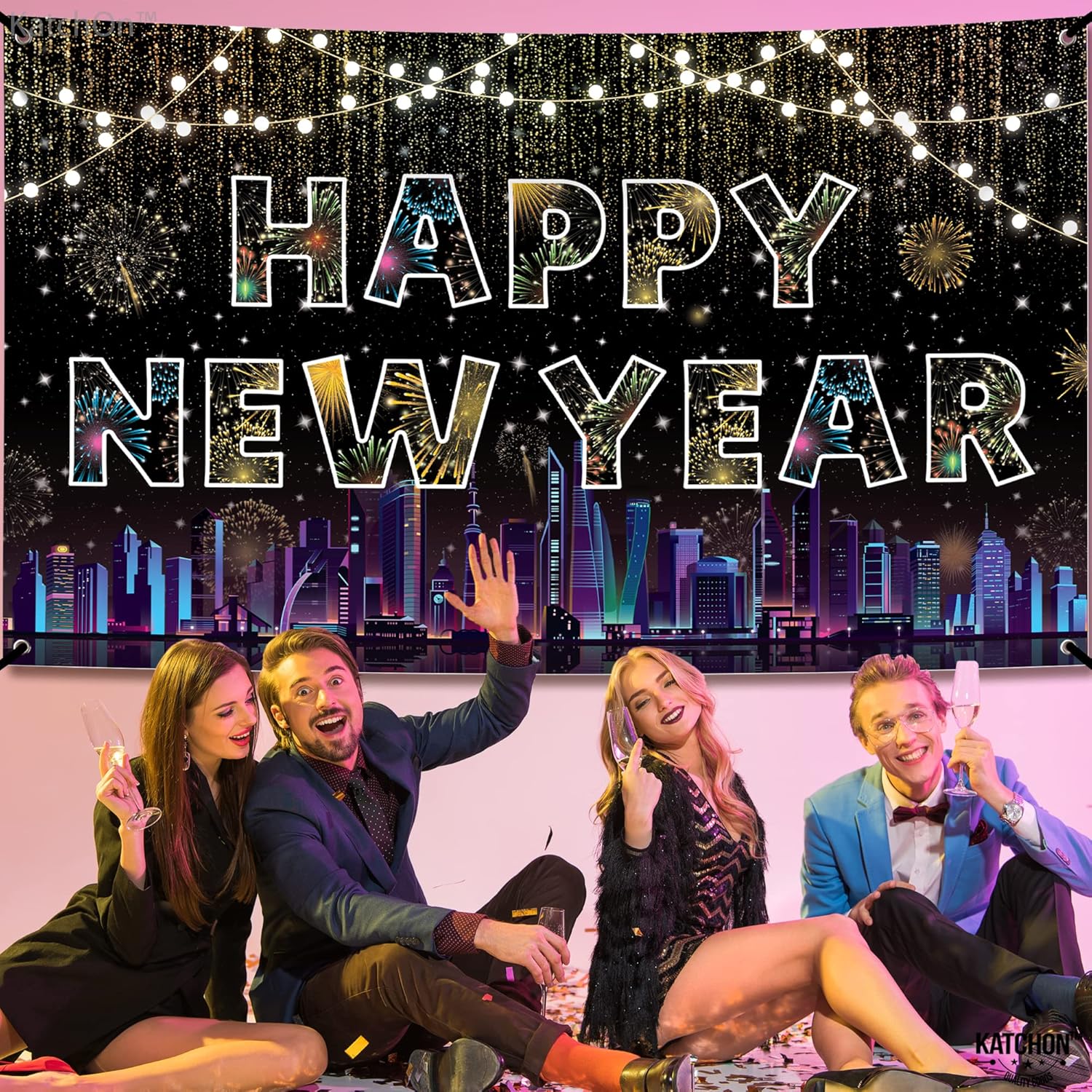 KatchOn, Cartel XtraLarge de feliz año nuevo  72 x 44 pulgadas  Decoraciones coloridas de feliz año nuevo 2024  Fondo de feliz año nuevo,