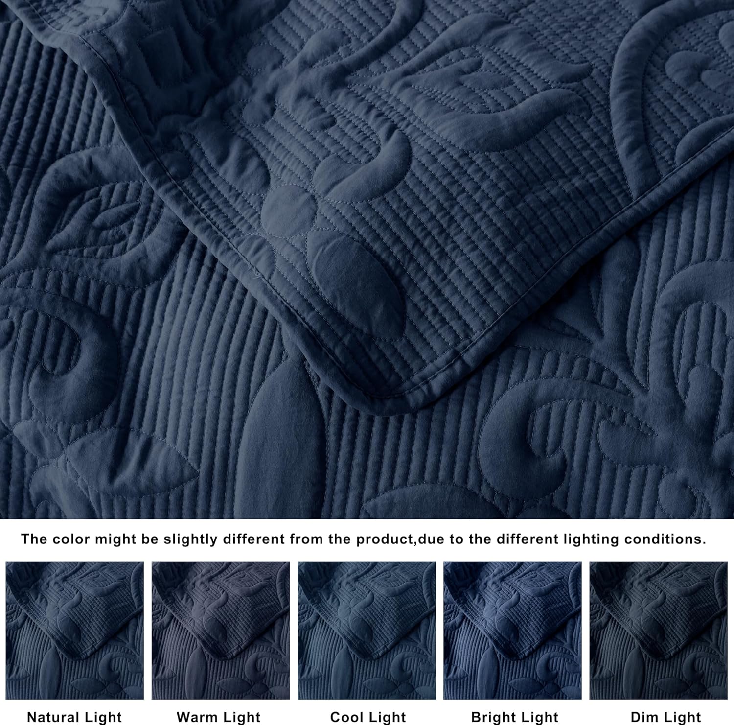 Juego de ropa de cama de damasco tamaño King con fundas de almohada, colcha ligera y suave, manta acolchada azul marino fina para todas las