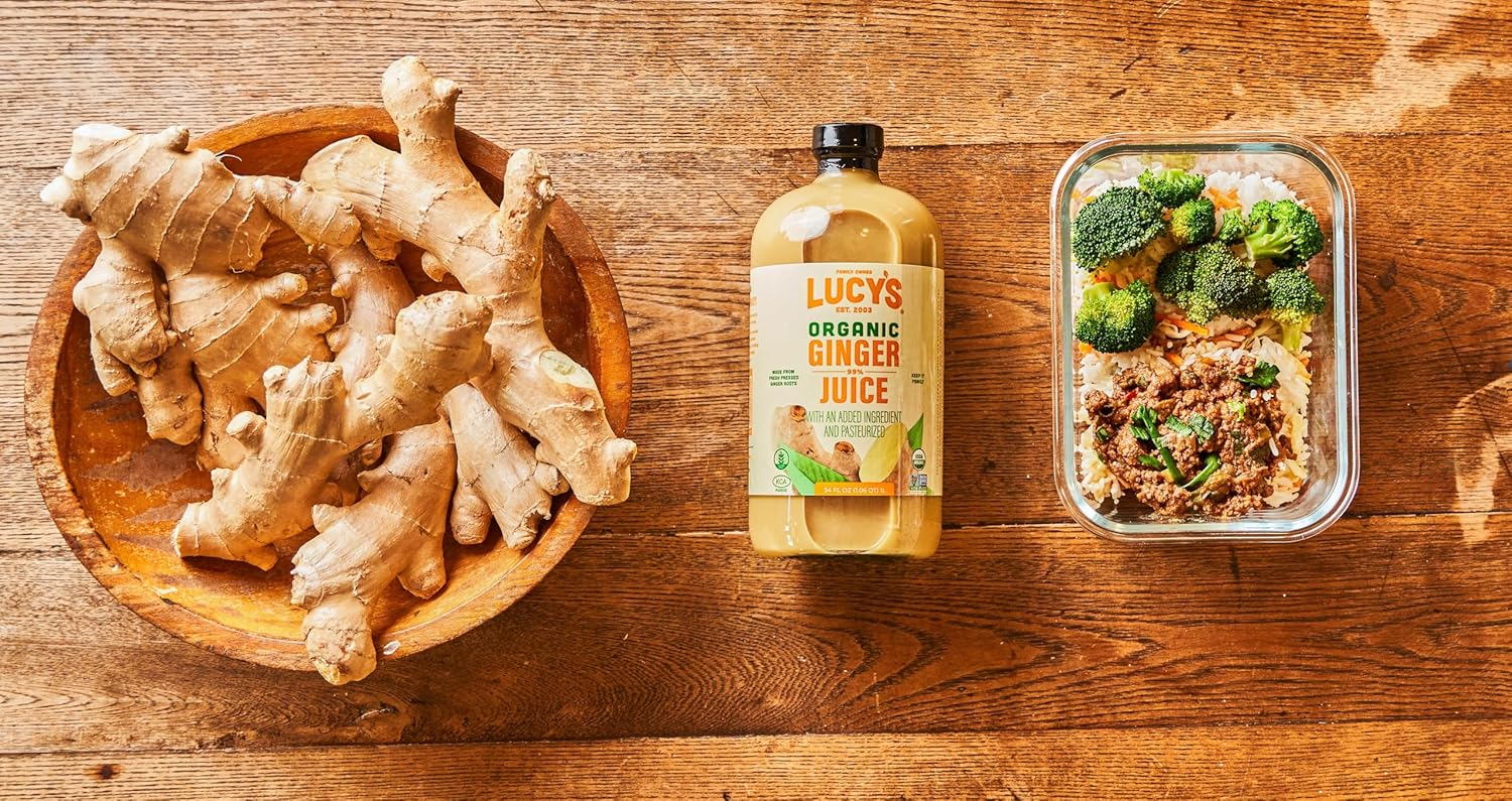 Lucy’s Propiedad familiar (hecho de fresco prensado) orgánico sin OMG 99% jugo de jengibre puro, botella de vidrio de 34 onzas