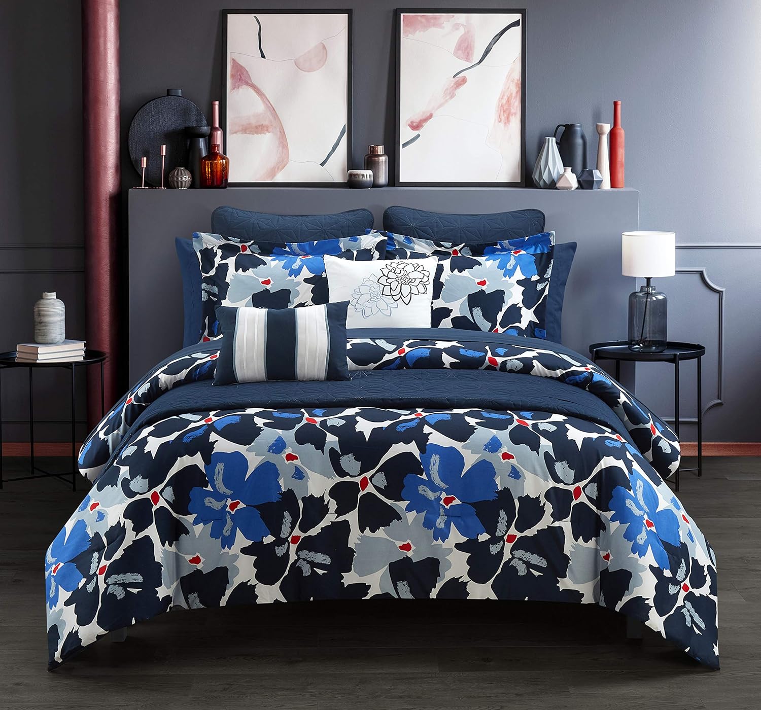 Chic Home Malea – Juego de edredón y edredón de 12 piezas con estampado floral contemporáneo en una bolsa, juego de sábanas y fundas de almohada