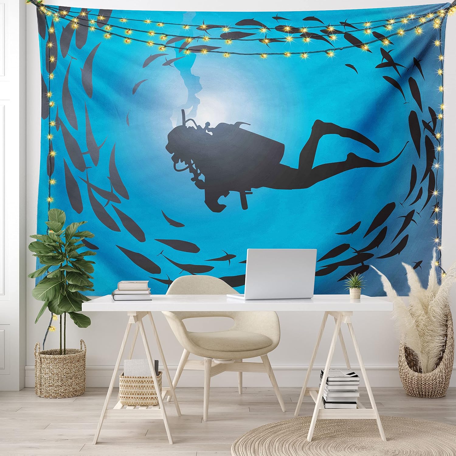Ambesonne Tapiz bajo el mar, buceador rodeado de jamba de peces, esnórquel acuático Aqualung, colgante de pared ancho para dormitorio, sala de
