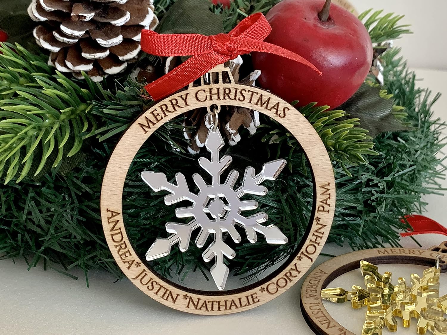 Personalized Christmas 2024 Tree Ornament, Custom Engraved Names, Family Members, Laser Cut Wood Bauble, Hanging Acrylic Snowflakes, Xmas Decor,