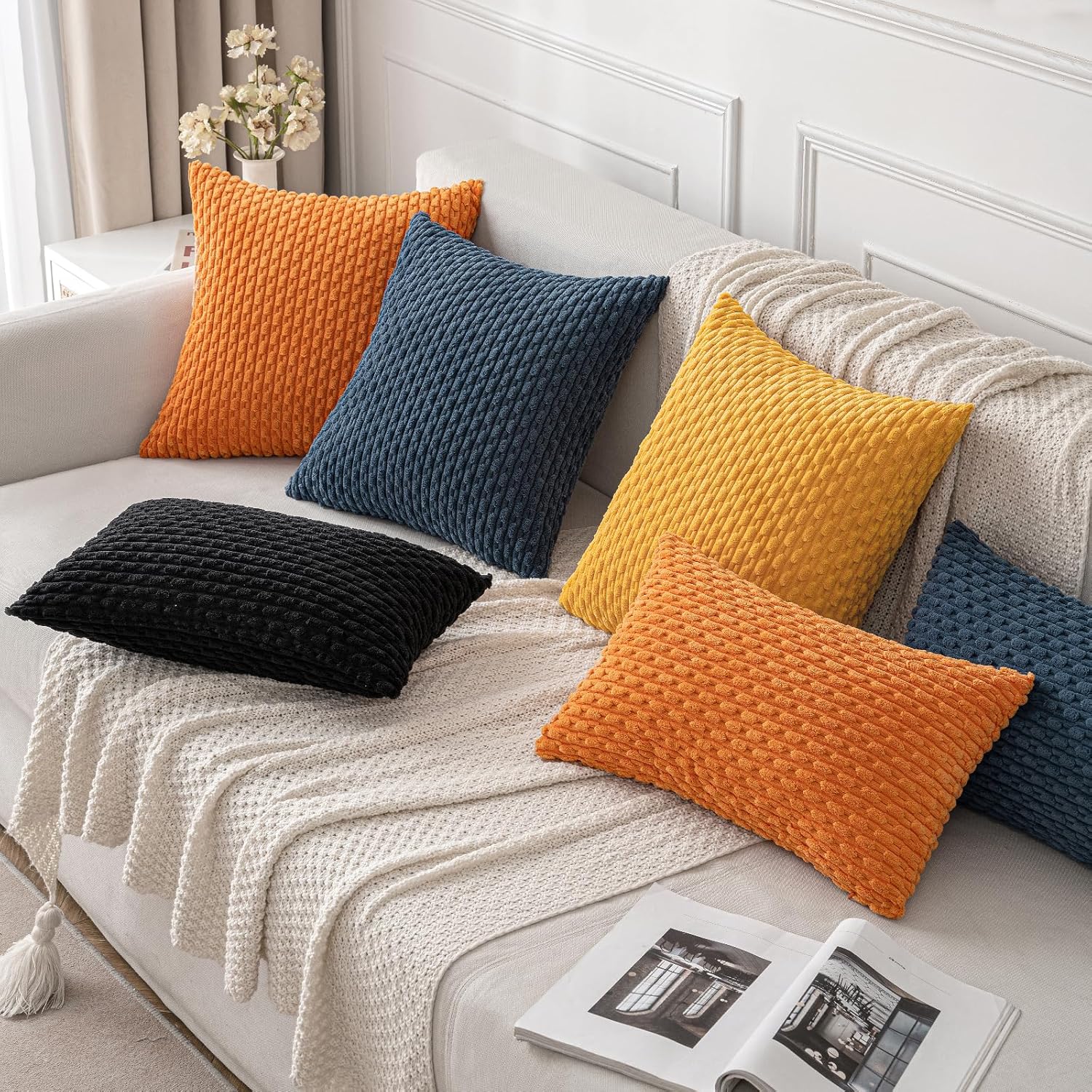 MIULEE Juego de 2 fundas de almohada de pana suave color naranja, fundas de almohada a rayas bohemias para decoración del hogar rural para sofá,
