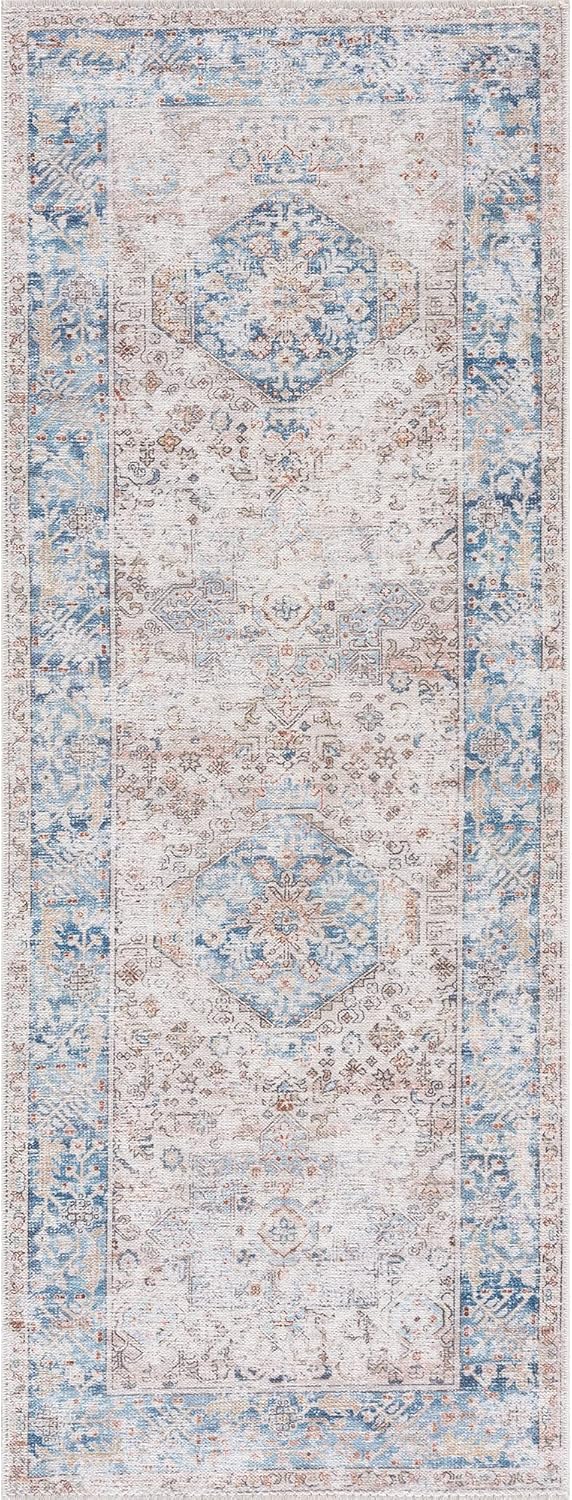 Bloom Rugs – Alfombra caminera Caria lavable, antideslizante, de 3,66 m, color beige y azul océano, para entrada, pasillo, baño y cocina, tamaño