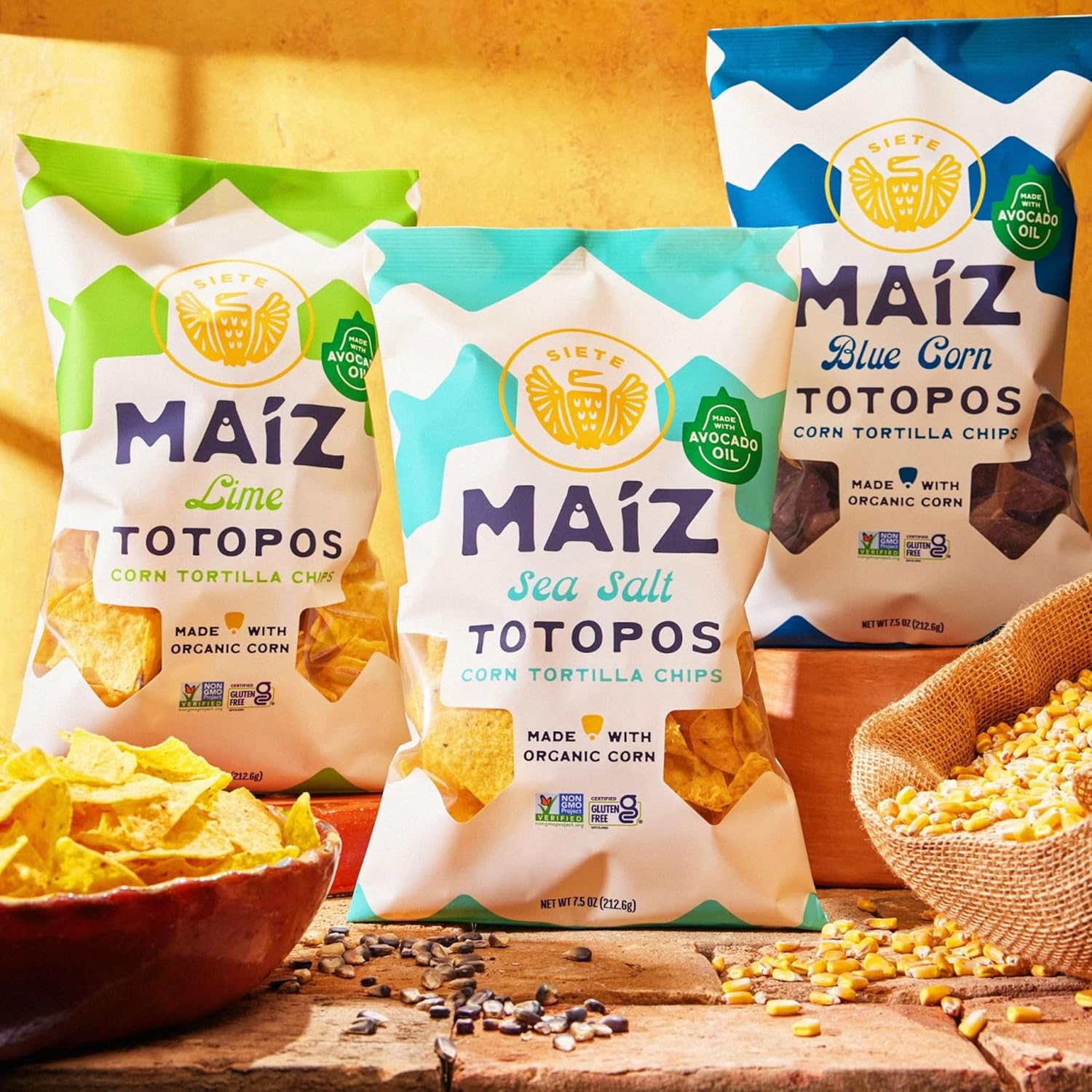 Siete Maiz Totopos Chips de tortilla de maíz  Maíz azul  Sin gluten  Snacks veganos  Sin OMG y chips de maíz orgánico  Hecho con aceite de aguacate
