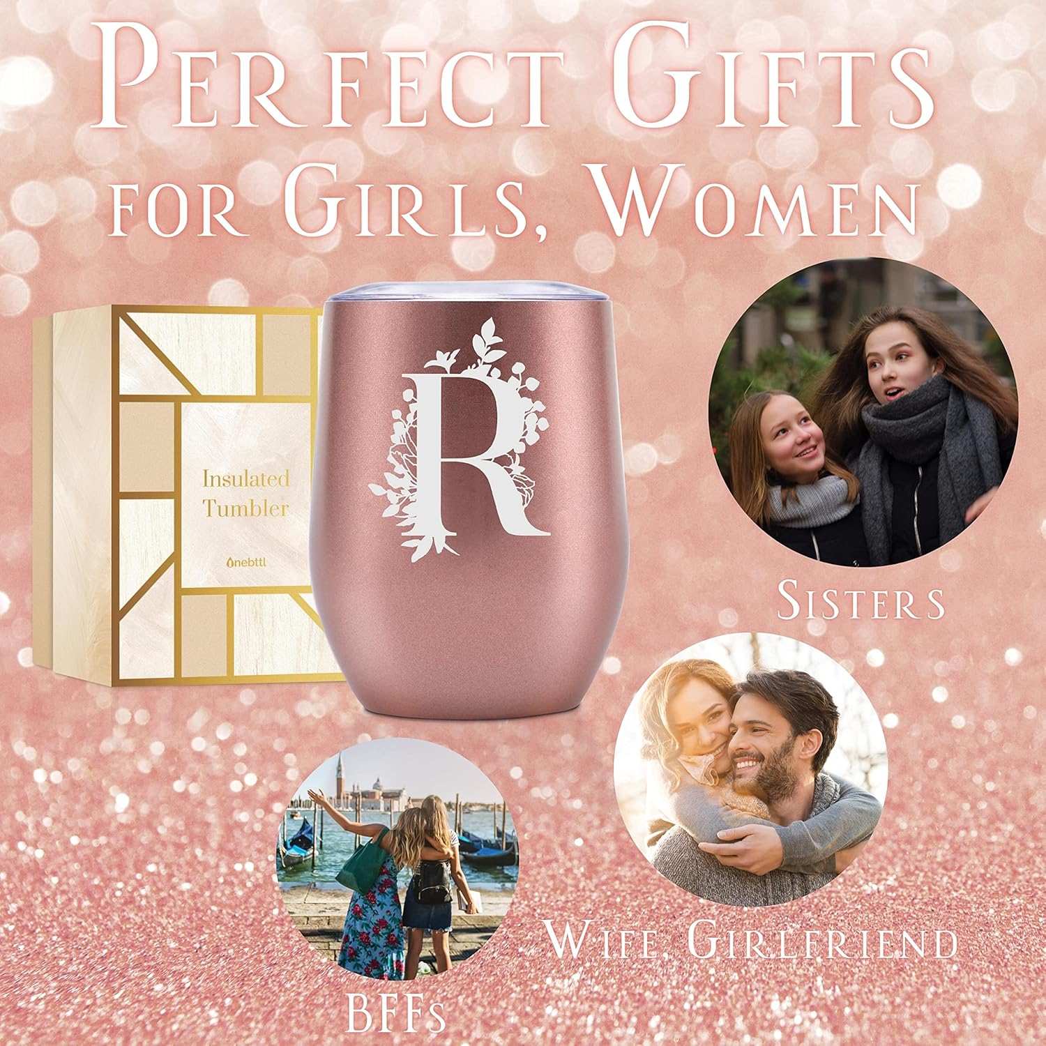 Onebttl Vasos personalizados con tapas para mujer, taza de café con monograma con inicial B, regalos para ella, niñas, damas de honor, amigas,