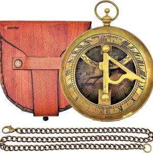 Carfar Brújula náutica reloj de sol hecho a mano latón macizo estilo vintage reloj de sol Push Open Navigational Marine Brújula con estuche de cuero Carfar Brújula náutica reloj de sol hecho a mano latón macizo estilo vintage reloj de sol Push Open Navigational Marine Brújula con estuche de cuero
