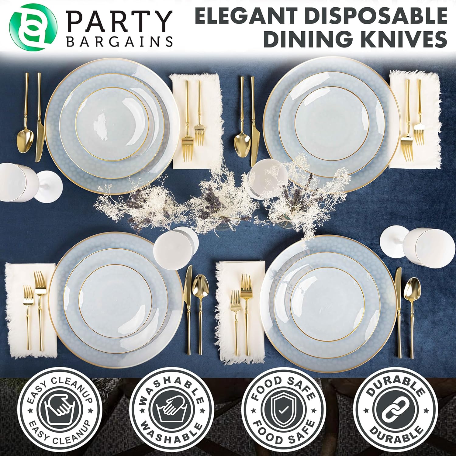 PARTY BARGAINS Cuchillos desechables de plástico, paquete de 40 unidades, dorado, diseño moderno infinito, cubiertos de cocina, perfectos para