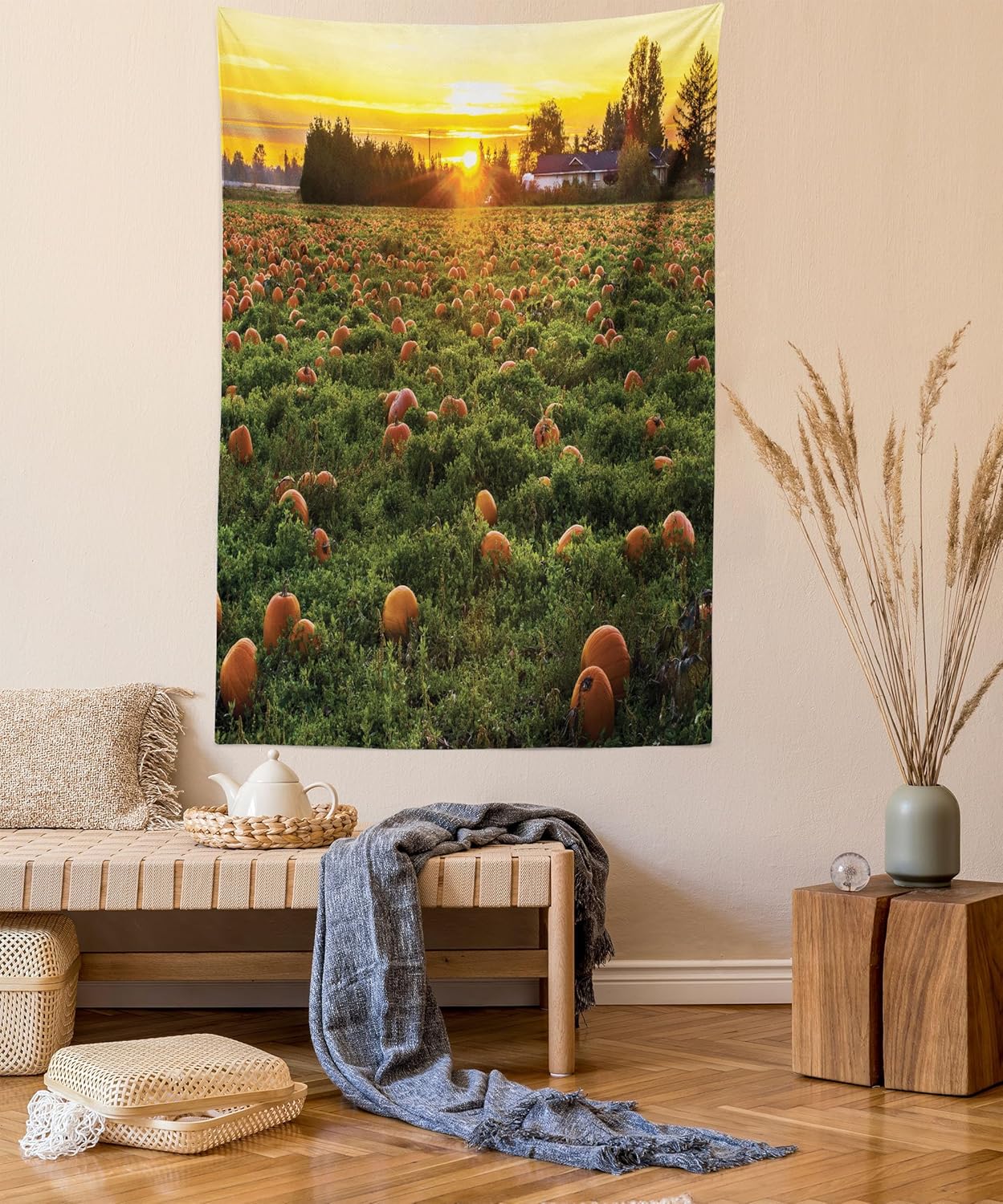 Ambesonne Tapiz de calabaza de otoño, tamaño Queen, foto temática de agricultura de otoño, parche de frutas de temporada al atardecer, colcha