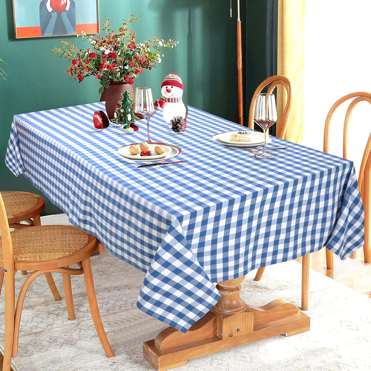 Urban Villa – Mantel de mesa 100% algodón, para uso diario, cenas familiares o fiestas en interiores o exteriores, a cuadros, color azulblanco,