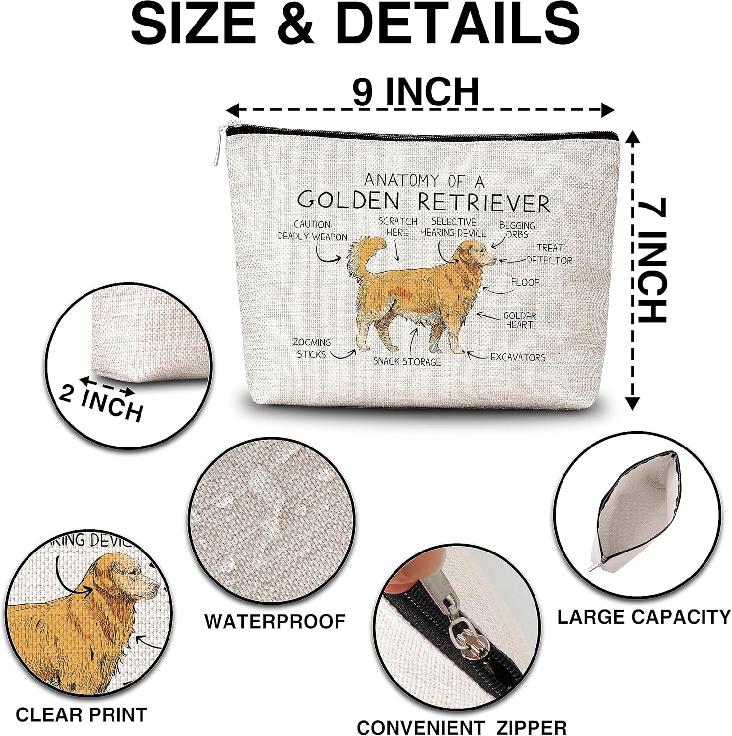 AWSICE Golden Retriever – Bolsa de maquillaje Anatomía de un Golden Retriever, bolsa de cosméticos, regalo para amantes de los perros, mujeres,